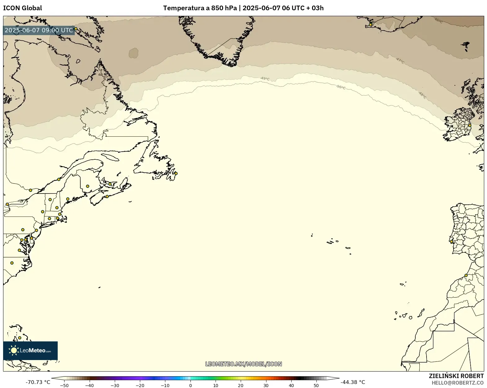 ICON model - Norte Atlántico, Temperatura a 850 hPa ICON model - Norte Atlántico, Temperatura a 850 hPa
