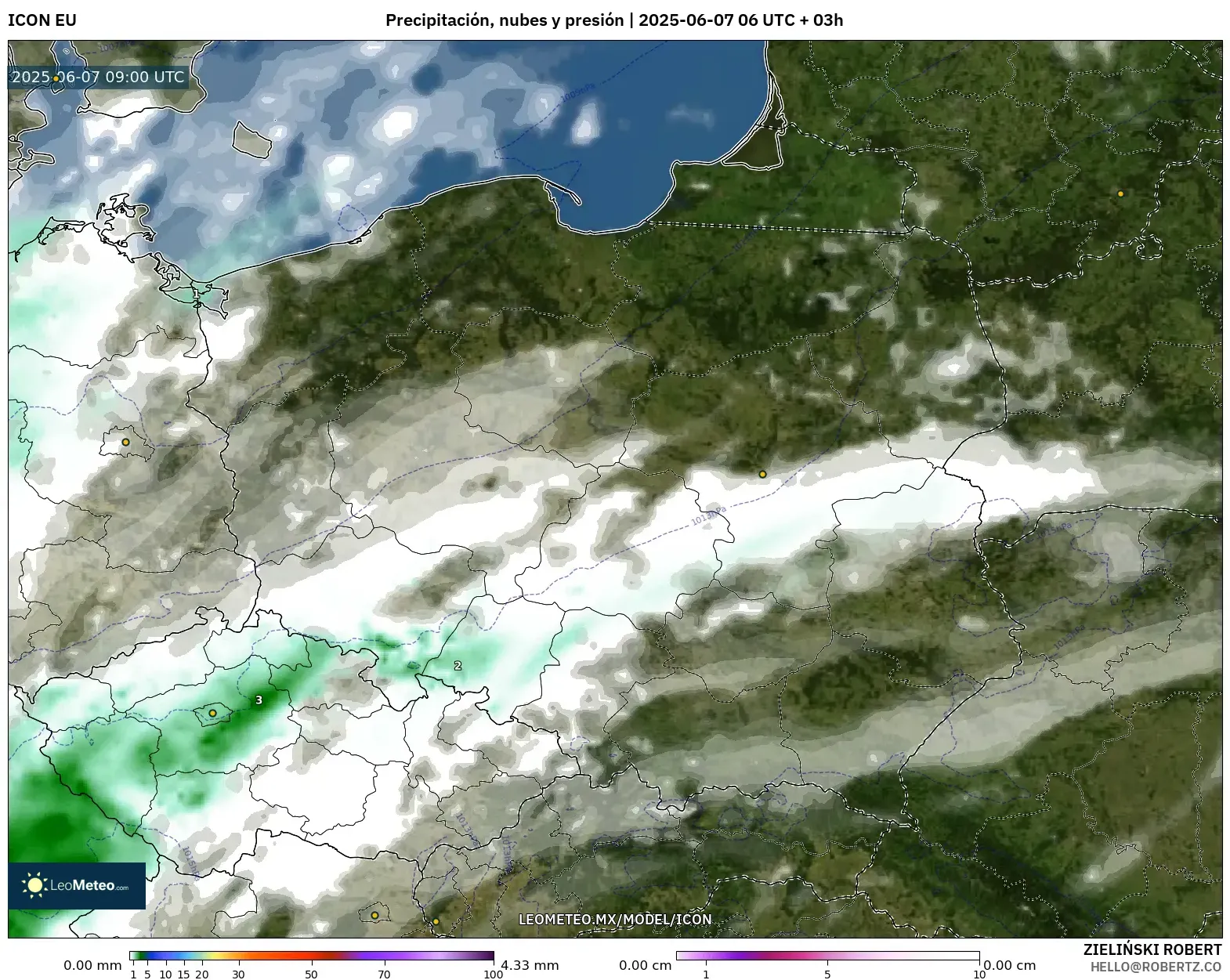 ICON model - Polonia, Precipitación, nubes y presión ICON model - Polonia, Precipitación, nubes y presión