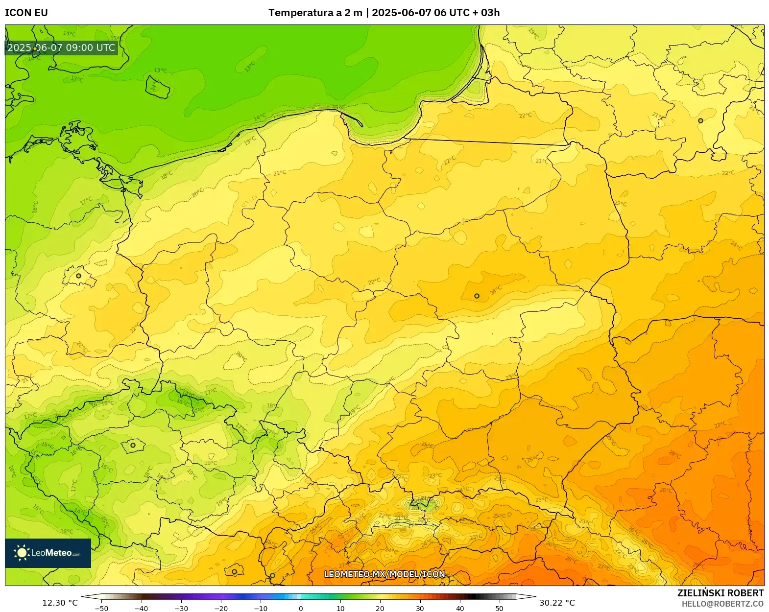 ICON model - Polonia, Temperatura a 2 m ICON model - Polonia, Temperatura a 2 m