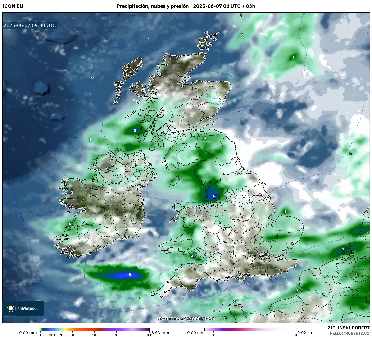 ICON model - Reino Unido, Precipitación, nubes y presión ICON model - Reino Unido, Precipitación, nubes y presión
