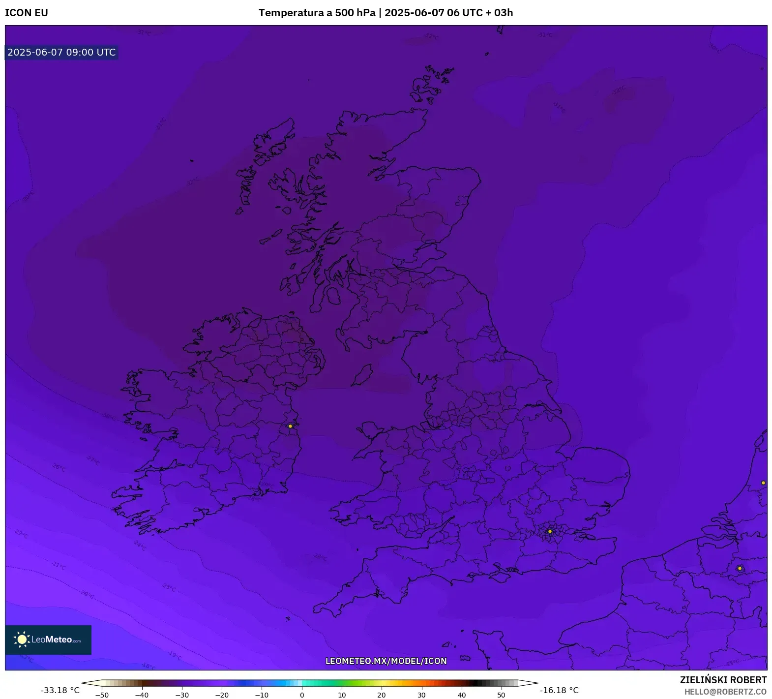 ICON model - Reino Unido, Temperatura a 500 hPa