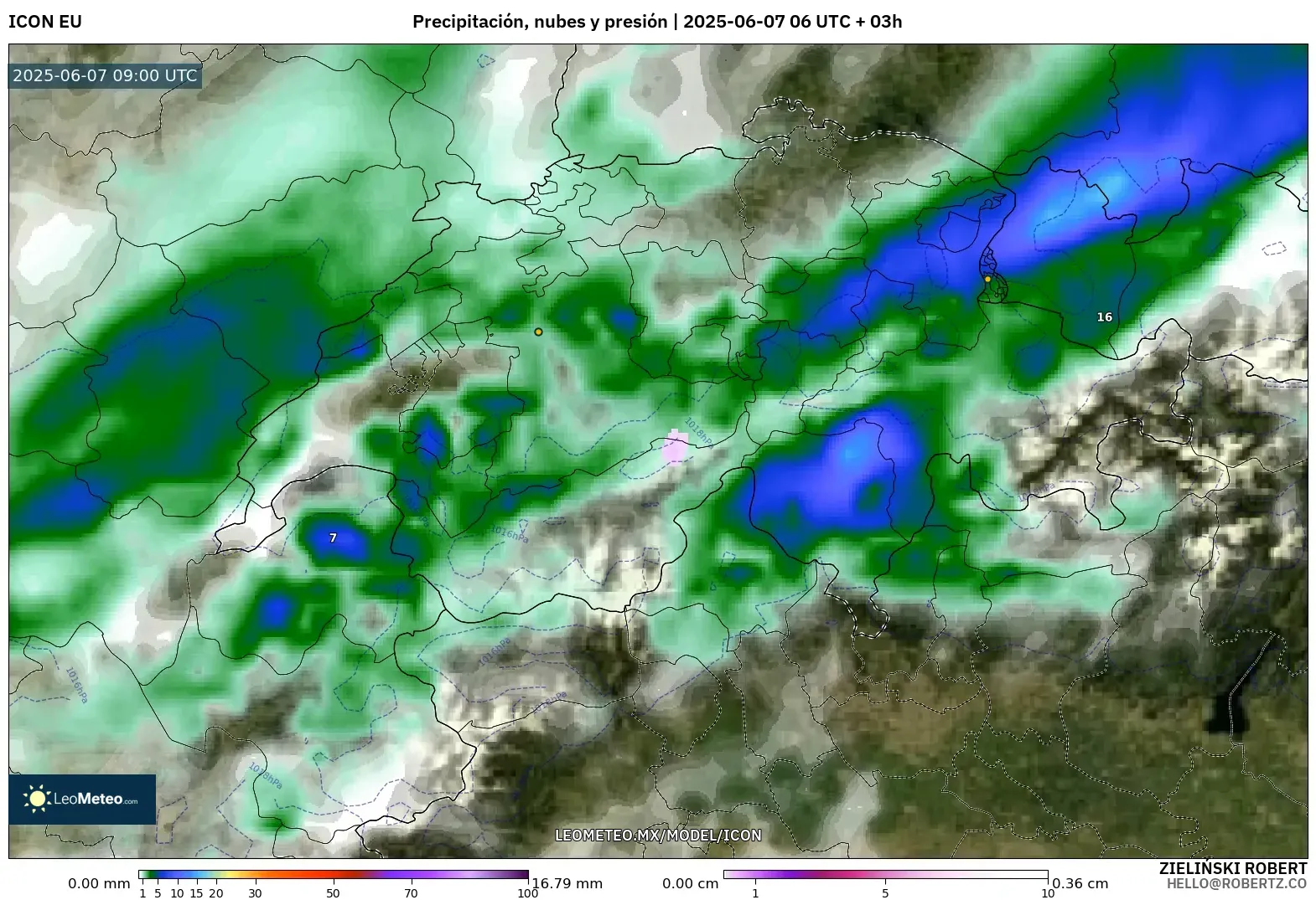 ICON model - Suiza, Precipitación, nubes y presión ICON model - Suiza, Precipitación, nubes y presión