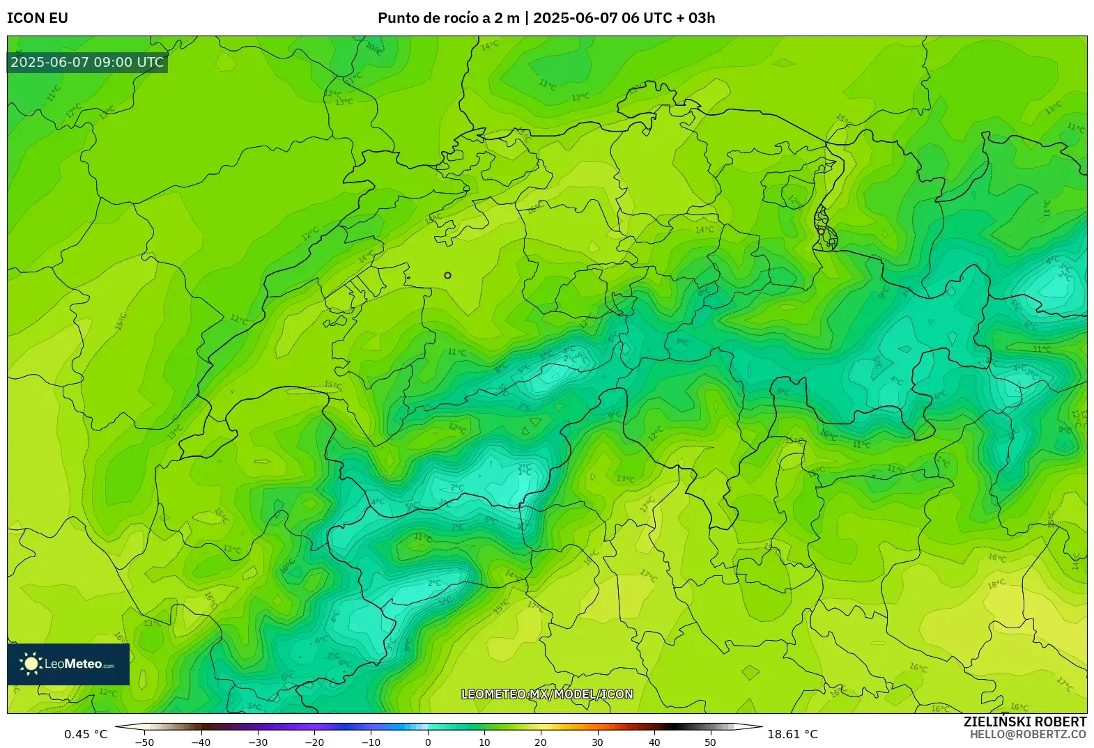 ICON model - Suiza, Punto de rocío a 2 m ICON model - Suiza, Punto de rocío a 2 m