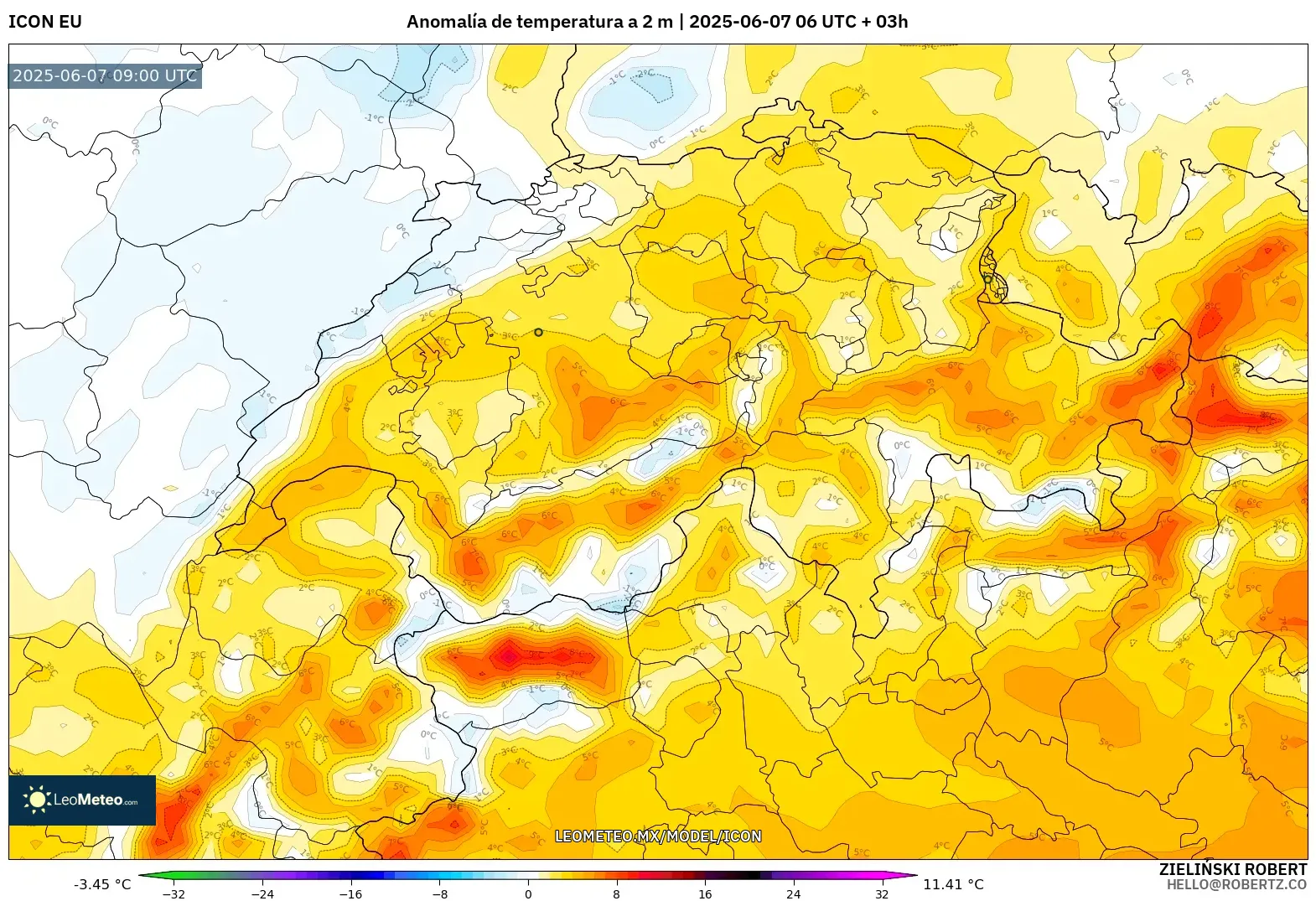 ICON model - Suiza, Anomalía de temperatura a 2 m ICON model - Suiza, Anomalía de temperatura a 2 m