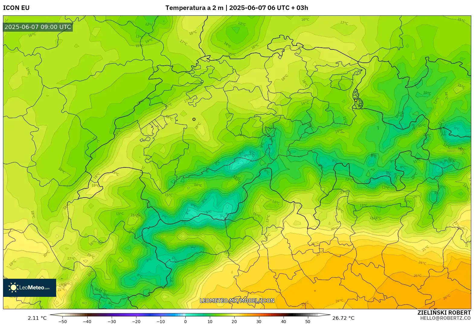 ICON model - Suiza, Temperatura a 2 m ICON model - Suiza, Temperatura a 2 m