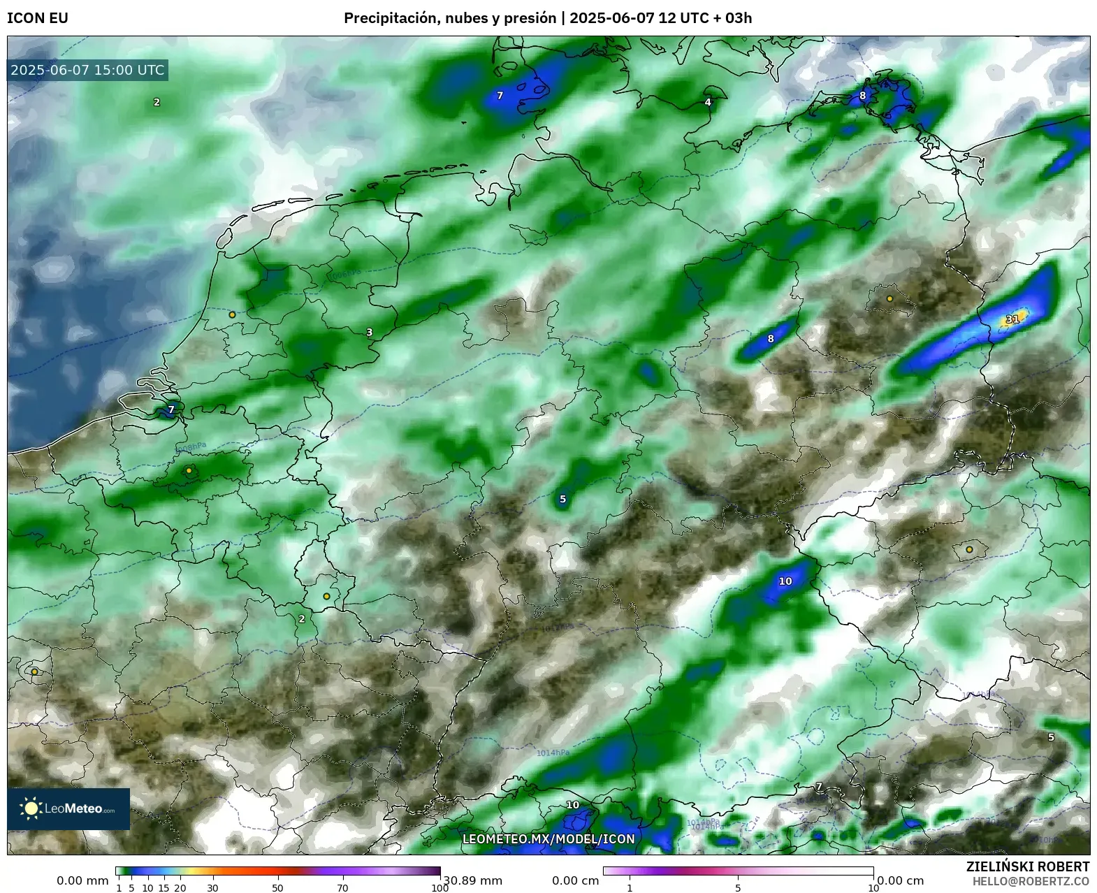 ICON model - Alemania, Precipitación, nubes y presión ICON model - Alemania, Precipitación, nubes y presión