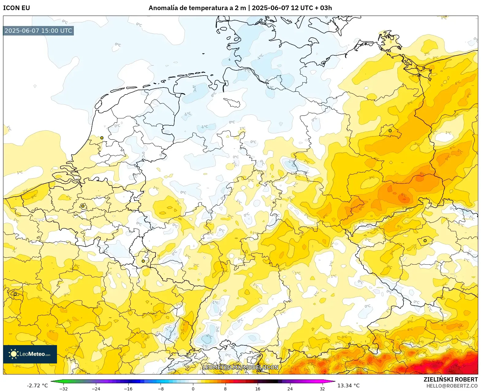 ICON model - Alemania, Anomalía de temperatura a 2 m ICON model - Alemania, Anomalía de temperatura a 2 m