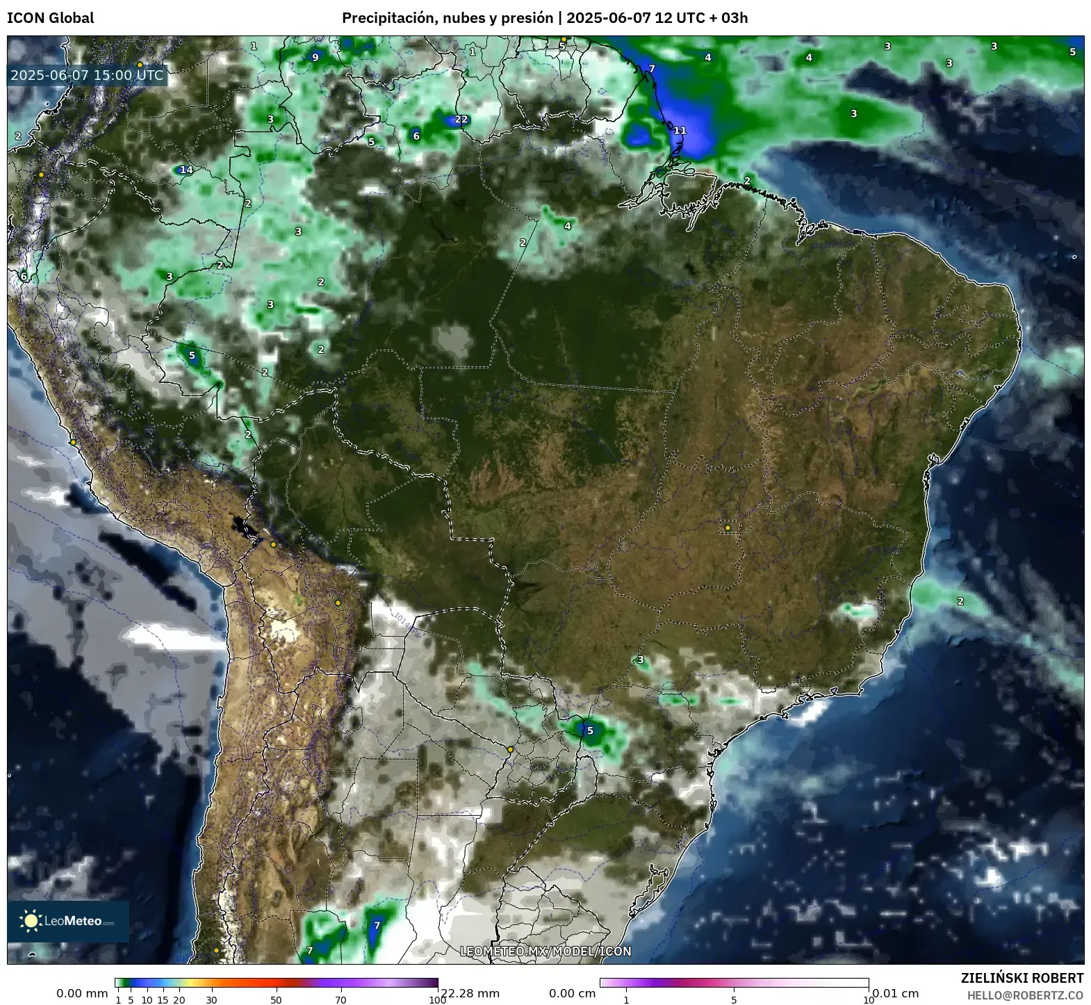 ICON model - Brasil, Precipitación, nubes y presión
