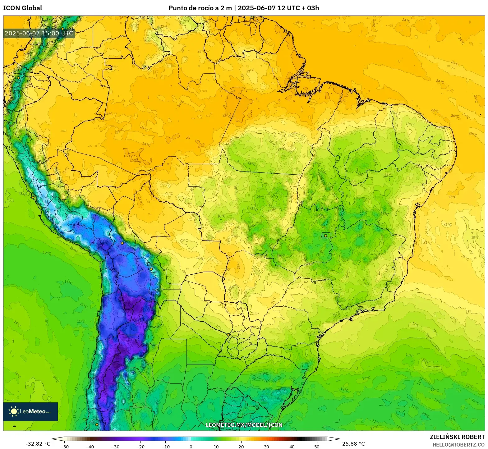 ICON model - Brasil, Punto de rocío a 2 m ICON model - Brasil, Punto de rocío a 2 m