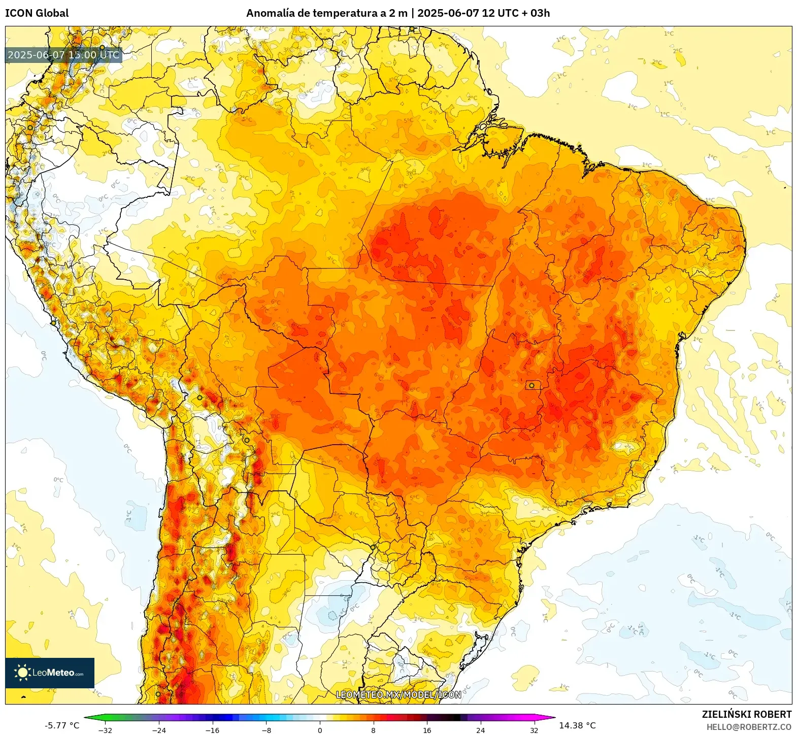 ICON model - Brasil, Anomalía de temperatura a 2 m ICON model - Brasil, Anomalía de temperatura a 2 m