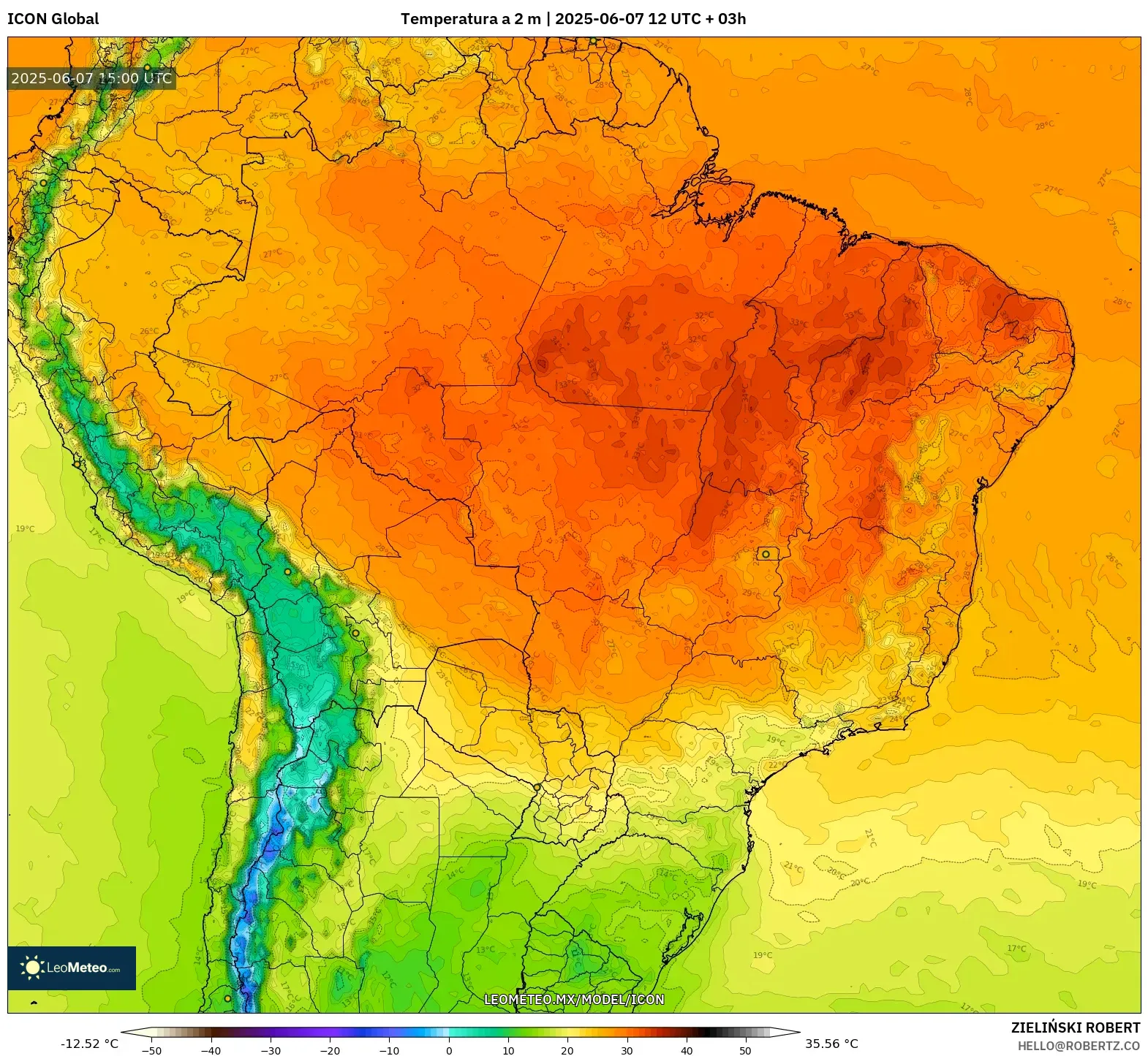 ICON model - Brasil, Temperatura a 2 m ICON model - Brasil, Temperatura a 2 m