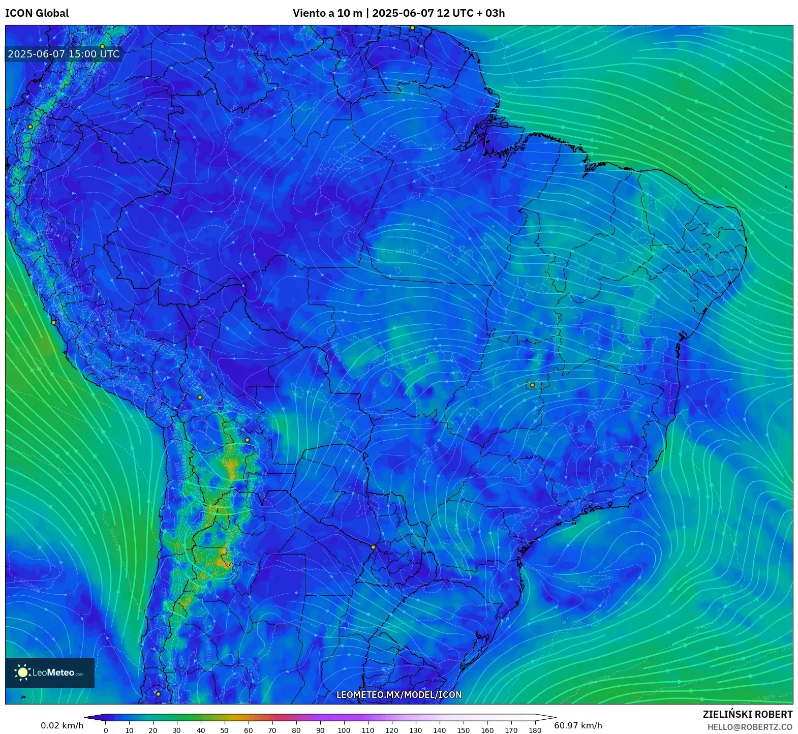 ICON model - Brasil, Viento a 10 m ICON model - Brasil, Viento a 10 m