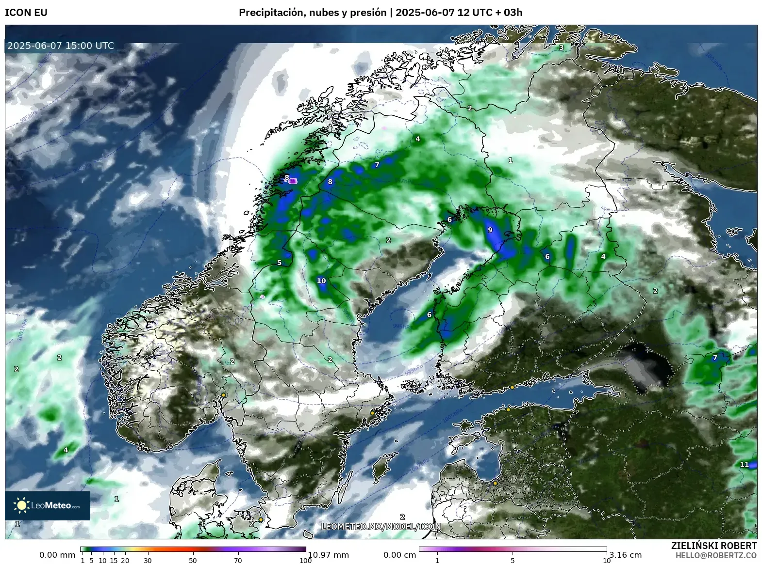 ICON model - Escandinavia, Precipitación, nubes y presión ICON model - Escandinavia, Precipitación, nubes y presión