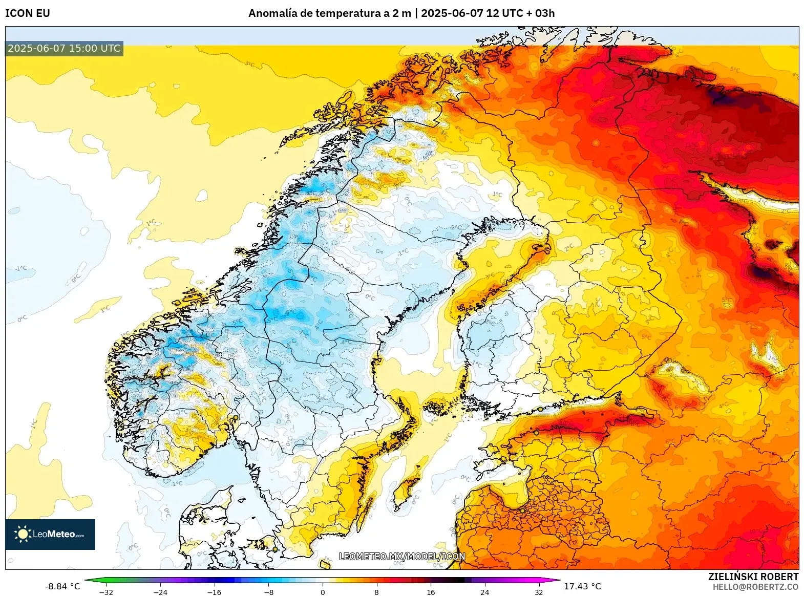 ICON model - Escandinavia, Anomalía de temperatura a 2 m ICON model - Escandinavia, Anomalía de temperatura a 2 m