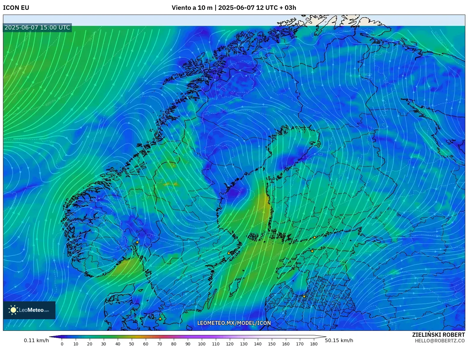 ICON model - Escandinavia, Viento a 10 m ICON model - Escandinavia, Viento a 10 m