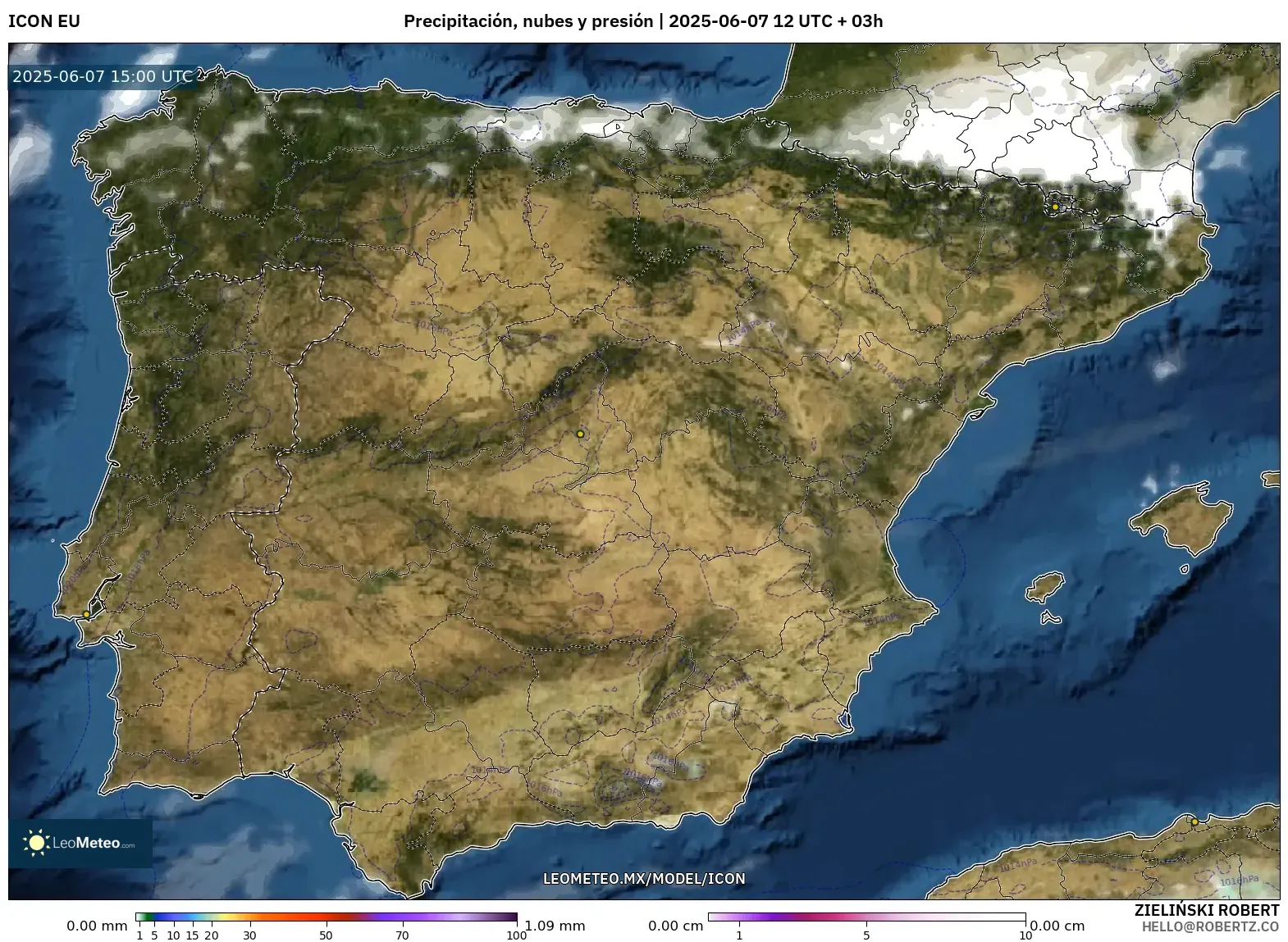 ICON model - España, Precipitación, nubes y presión ICON model - España, Precipitación, nubes y presión