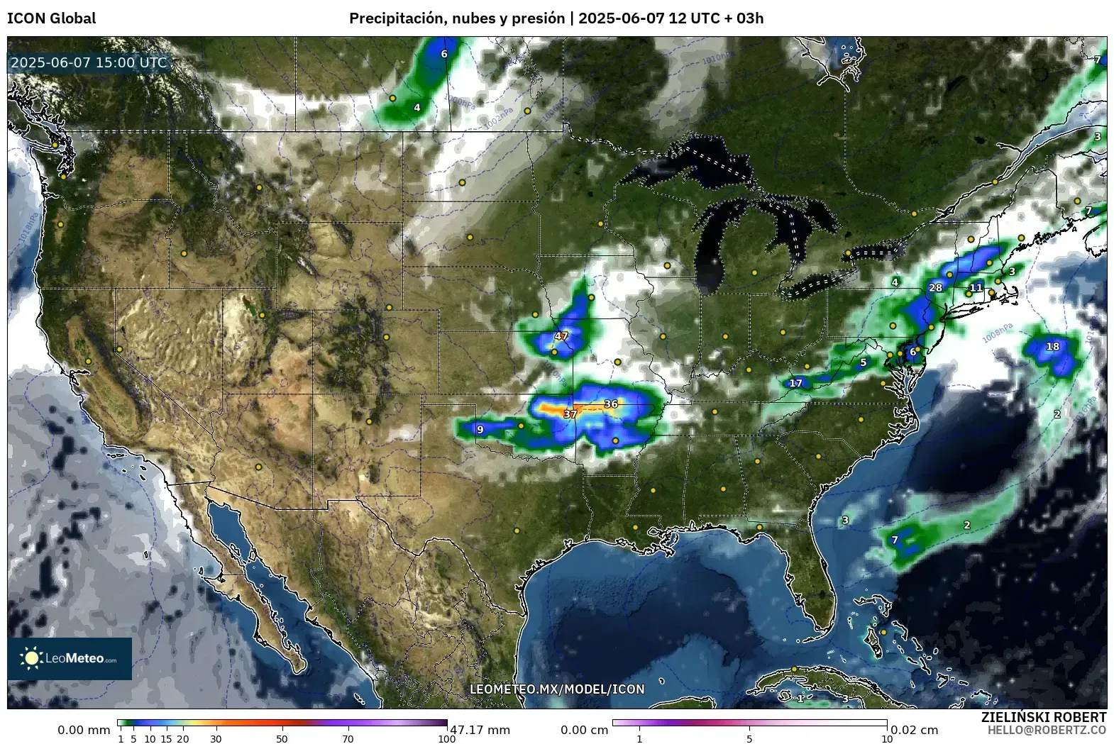 ICON model - Estados Unidos, Precipitación, nubes y presión ICON model - Estados Unidos, Precipitación, nubes y presión