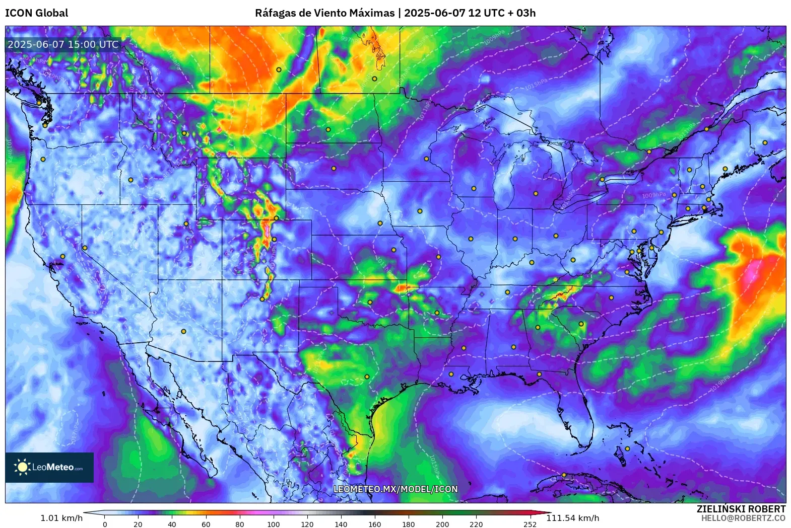 ICON model - Estados Unidos, Ráfagas de Viento Máximas