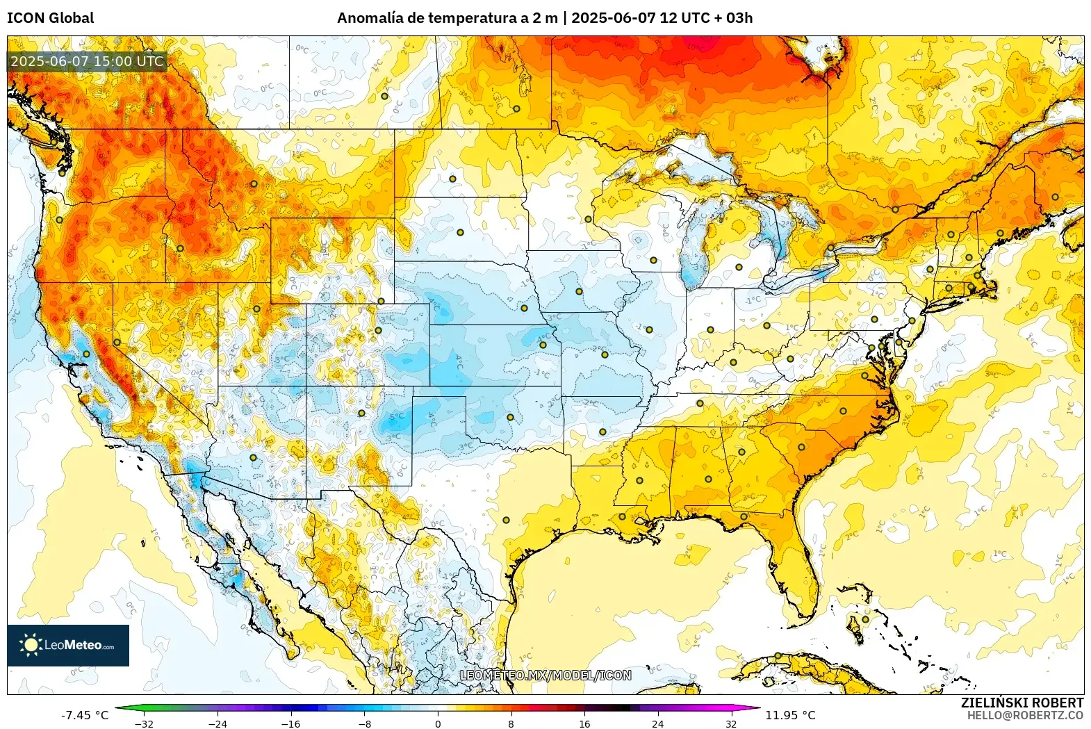 ICON model - Estados Unidos, Anomalía de temperatura a 2 m ICON model - Estados Unidos, Anomalía de temperatura a 2 m