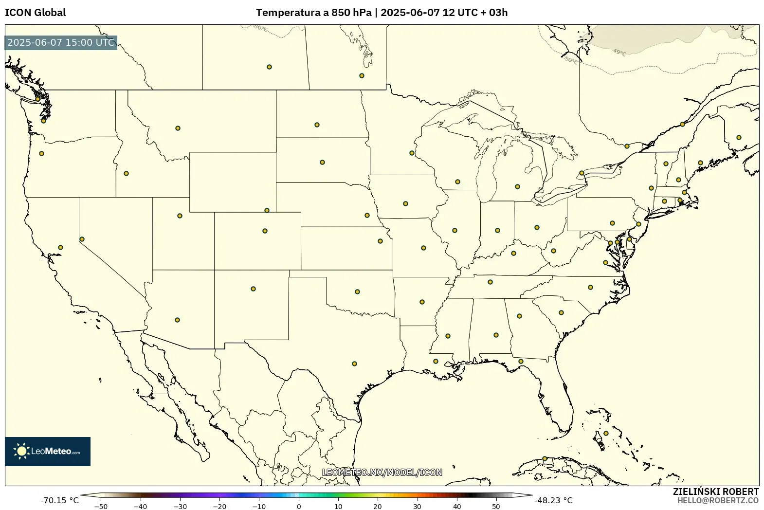 ICON model - Estados Unidos, Temperatura a 850 hPa