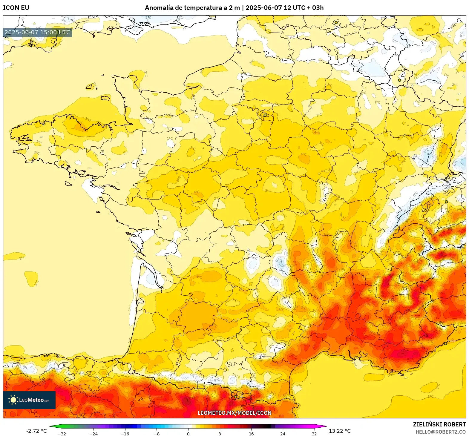 ICON model - Francia, Anomalía de temperatura a 2 m ICON model - Francia, Anomalía de temperatura a 2 m