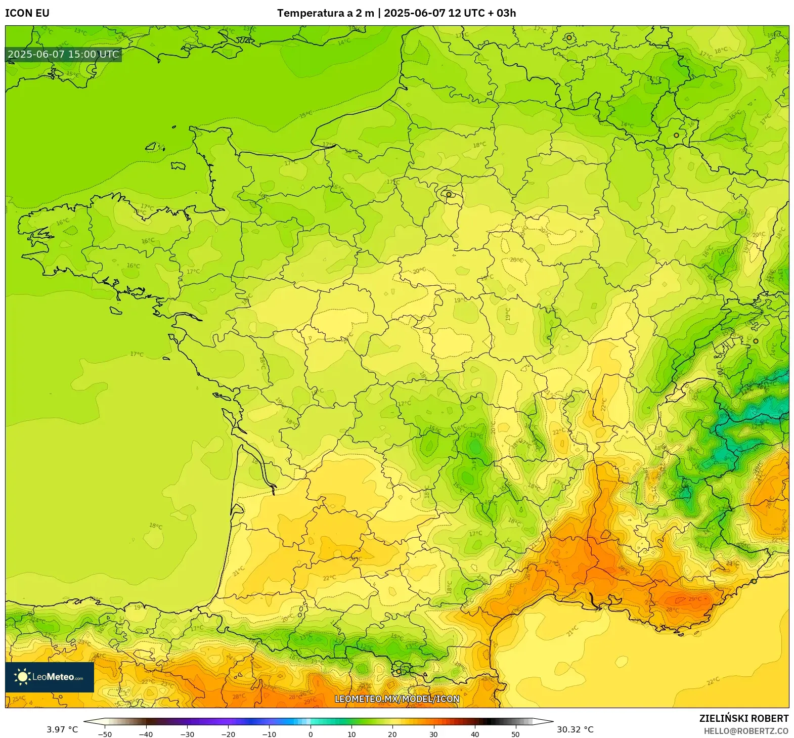 ICON model - Francia, Temperatura a 2 m