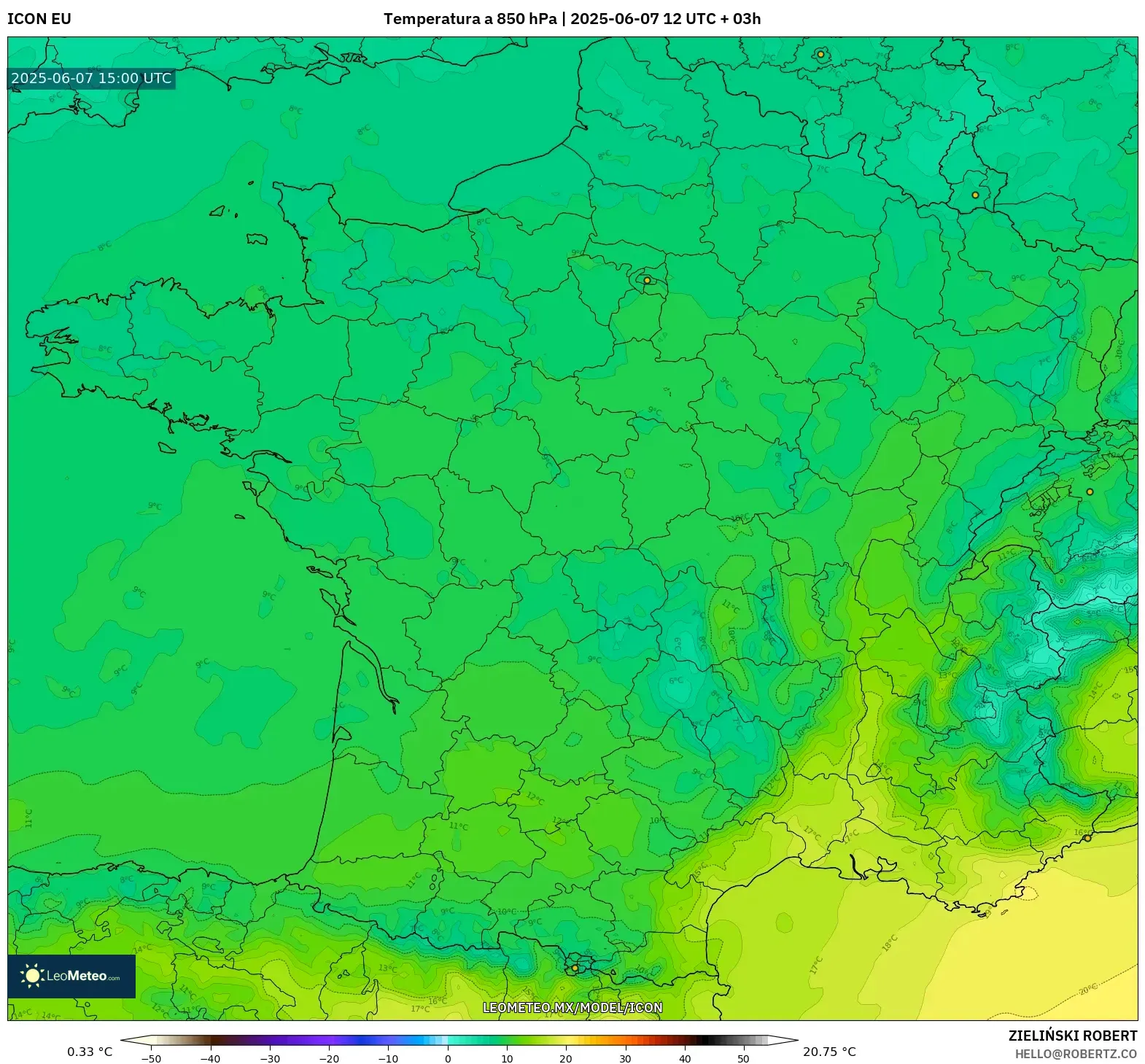ICON model - Francia, Temperatura a 850 hPa ICON model - Francia, Temperatura a 850 hPa