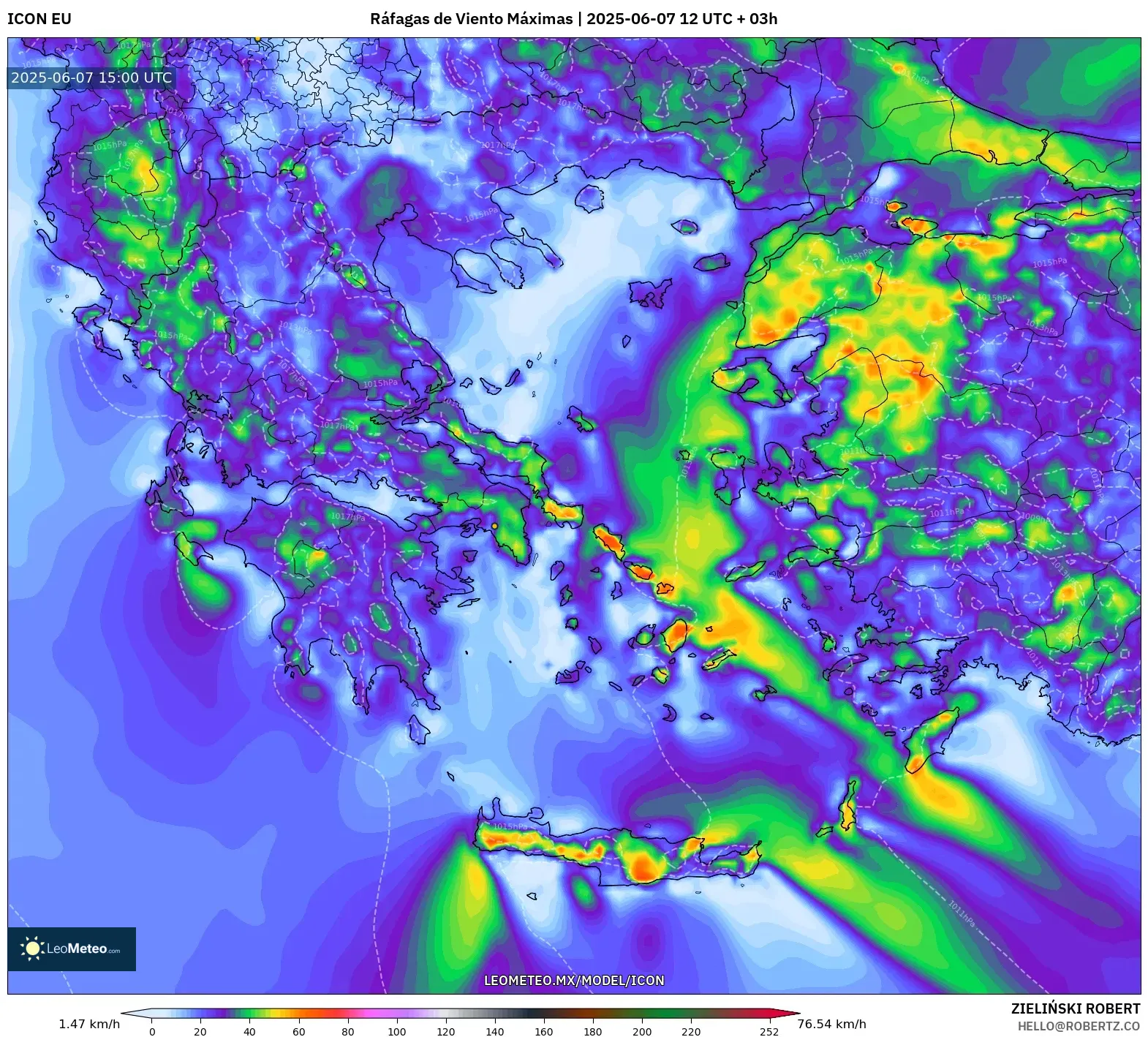 ICON model - Grecia, Ráfagas de Viento Máximas