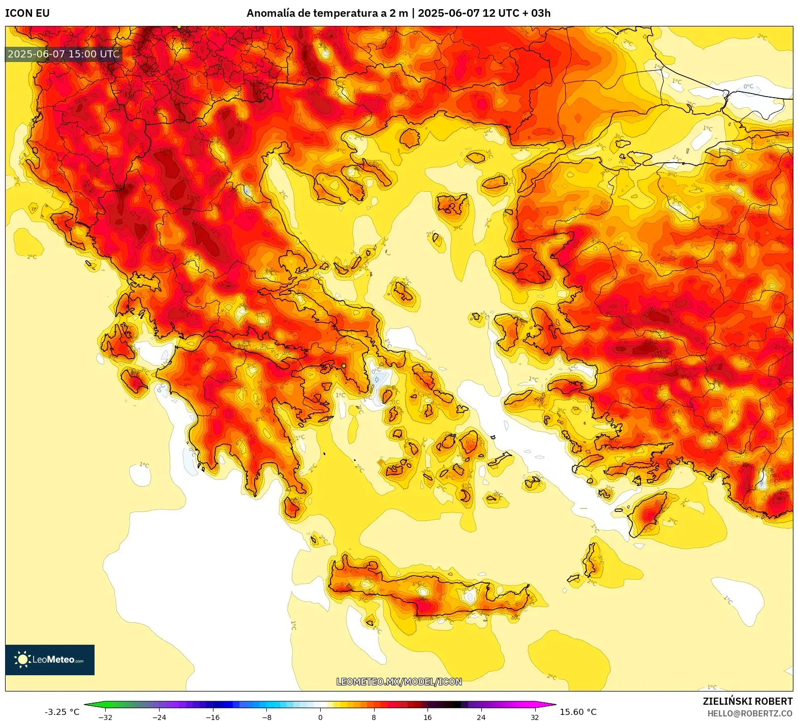 ICON model - Grecia, Anomalía de temperatura a 2 m ICON model - Grecia, Anomalía de temperatura a 2 m