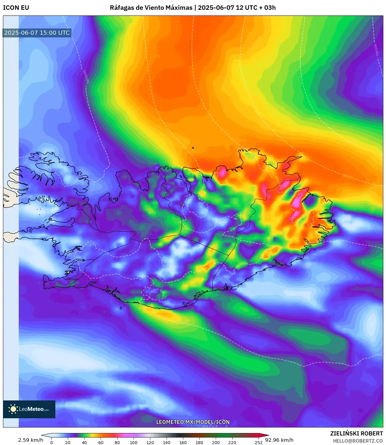 ICON model - Islandia, Ráfagas de Viento Máximas