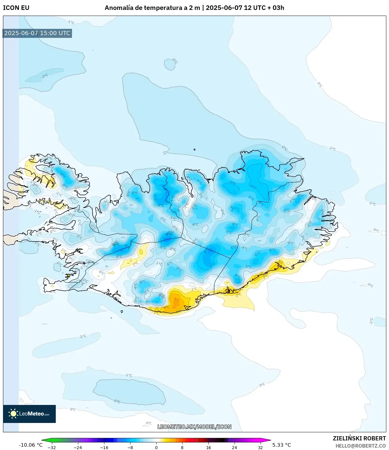 ICON model - Islandia, Anomalía de temperatura a 2 m ICON model - Islandia, Anomalía de temperatura a 2 m