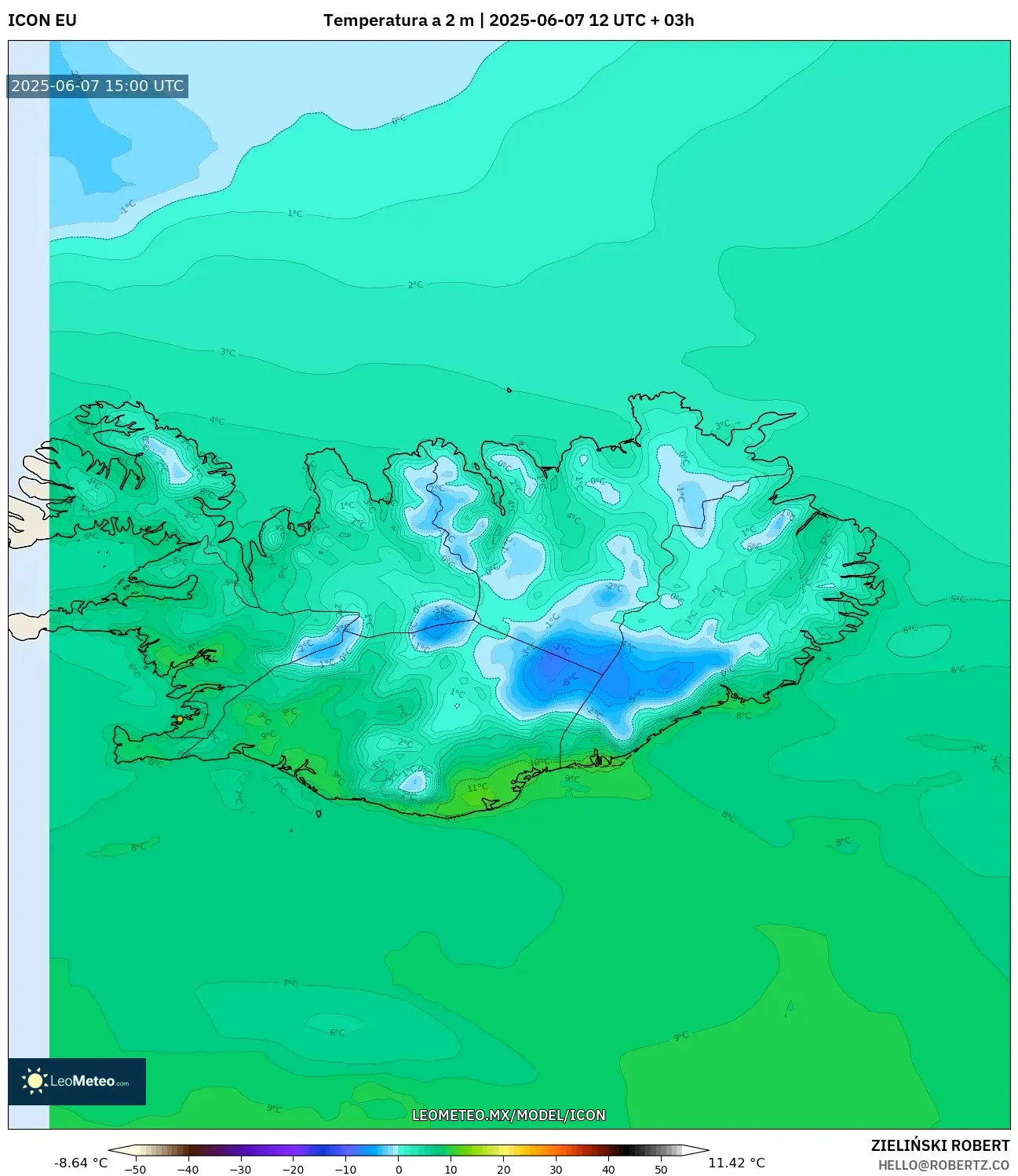 ICON model - Islandia, Temperatura a 2 m ICON model - Islandia, Temperatura a 2 m
