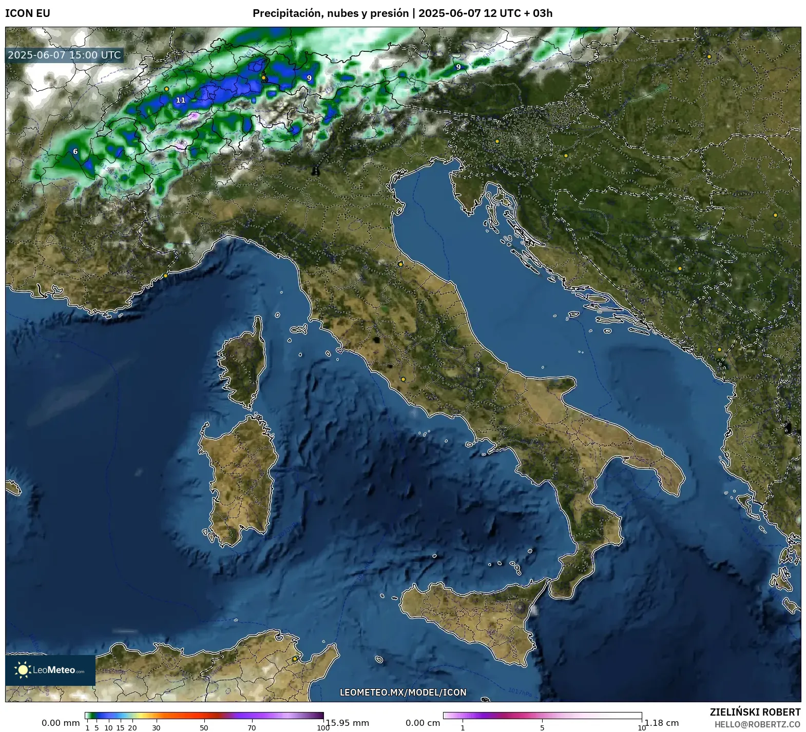 ICON model - Italia, Precipitación, nubes y presión ICON model - Italia, Precipitación, nubes y presión