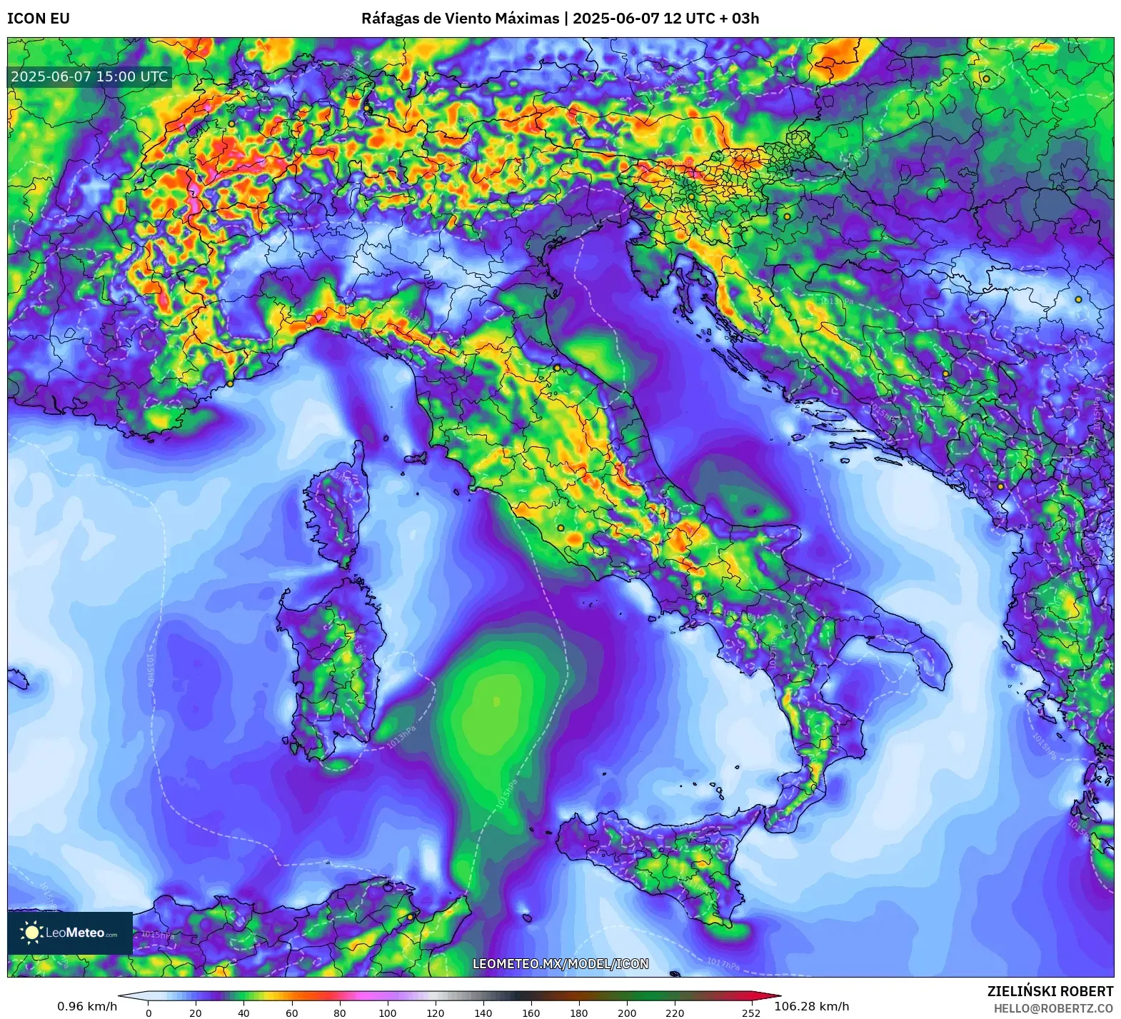 ICON model - Italia, Ráfagas de Viento Máximas