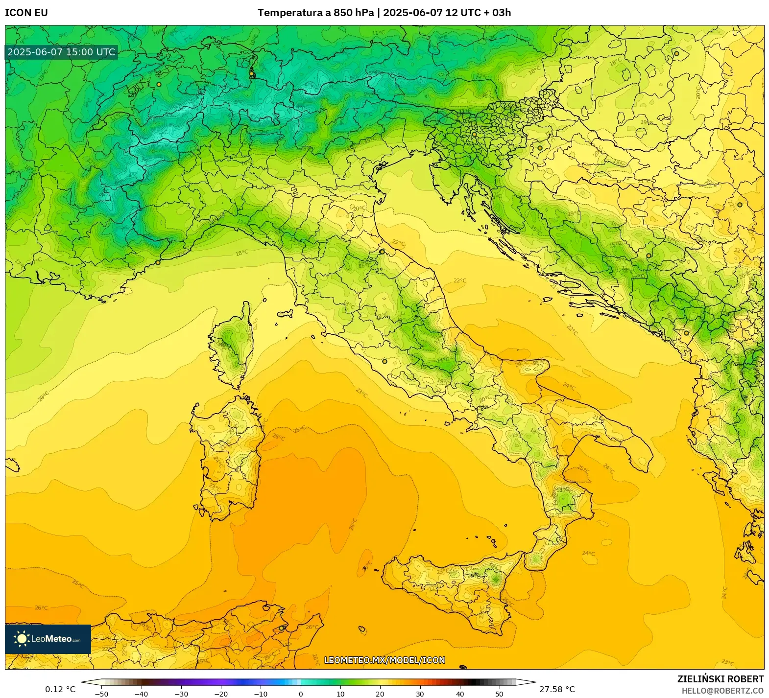 ICON model - Italia, Temperatura a 850 hPa ICON model - Italia, Temperatura a 850 hPa