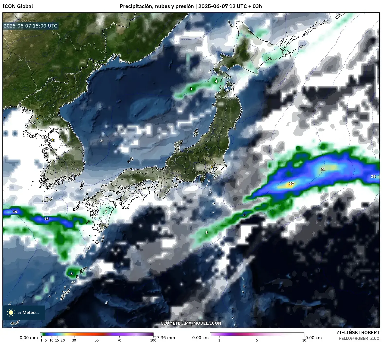 ICON model - Japón, Precipitación, nubes y presión ICON model - Japón, Precipitación, nubes y presión