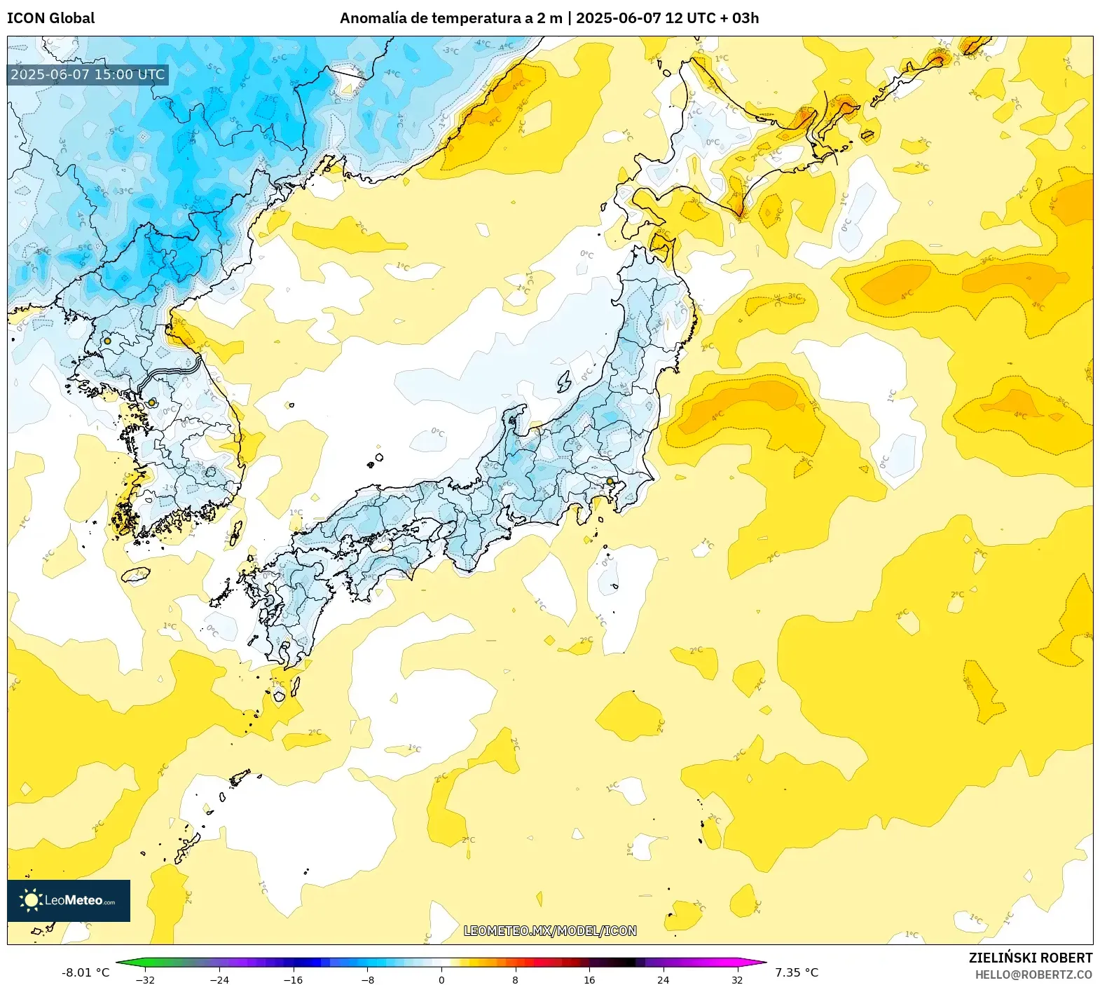 ICON model - Japón, Anomalía de temperatura a 2 m ICON model - Japón, Anomalía de temperatura a 2 m