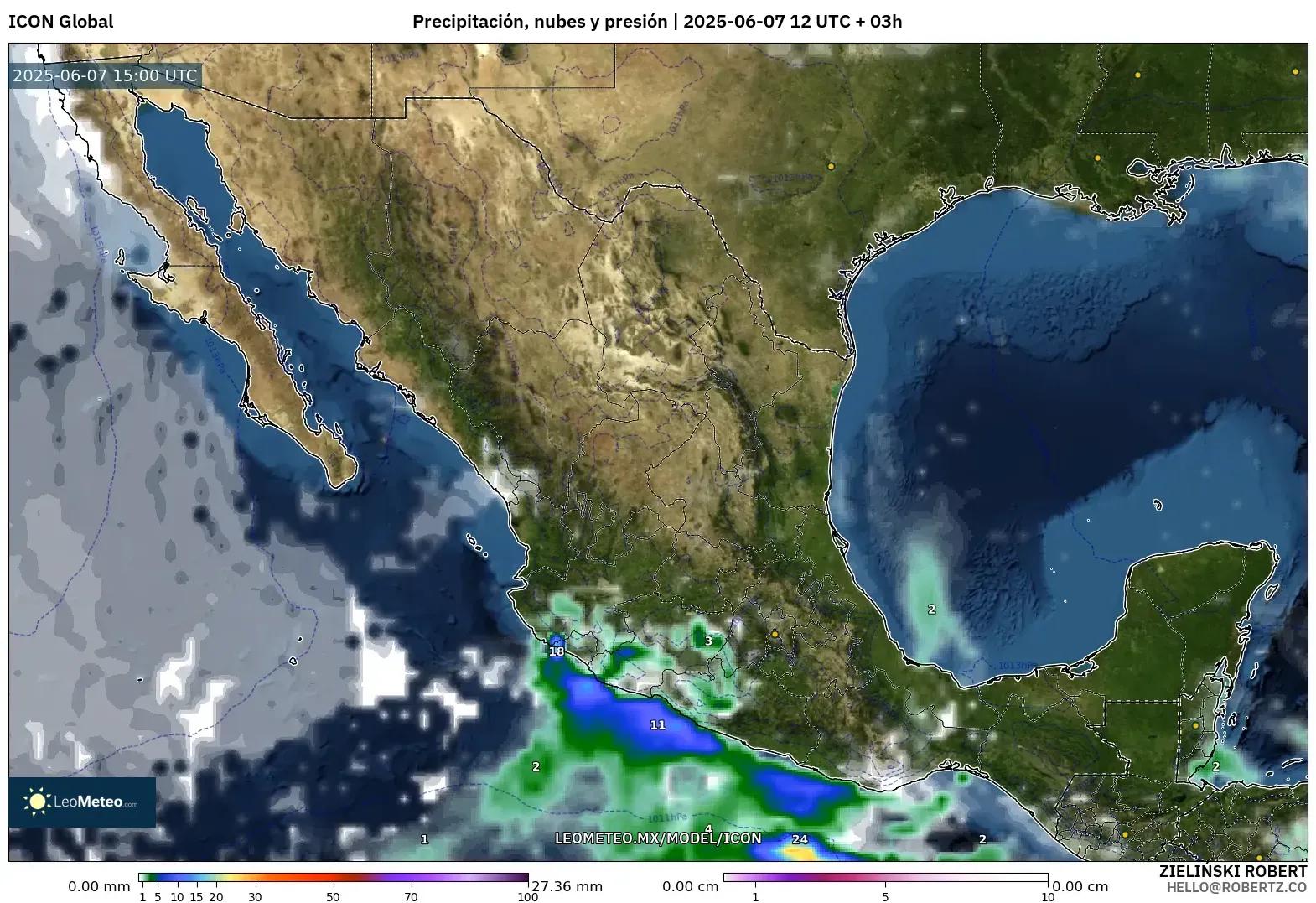 ICON model - México, Precipitación, nubes y presión