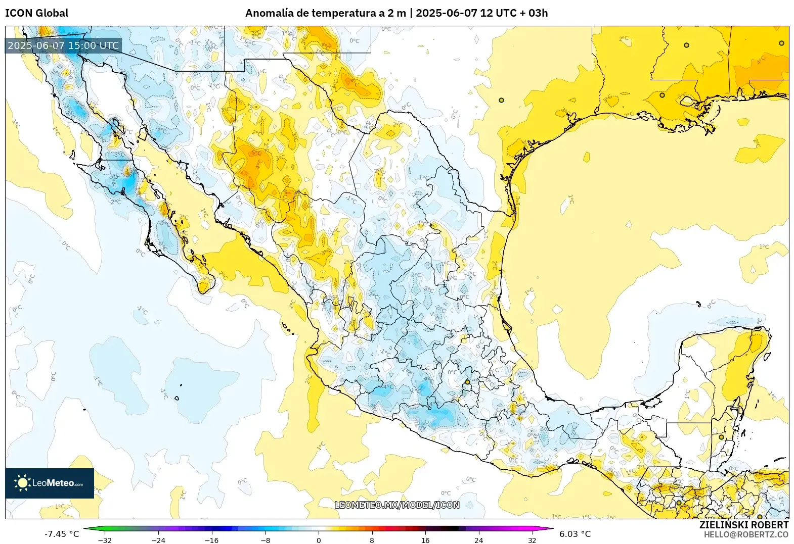 ICON model - México, Anomalía de temperatura a 2 m ICON model - México, Anomalía de temperatura a 2 m
