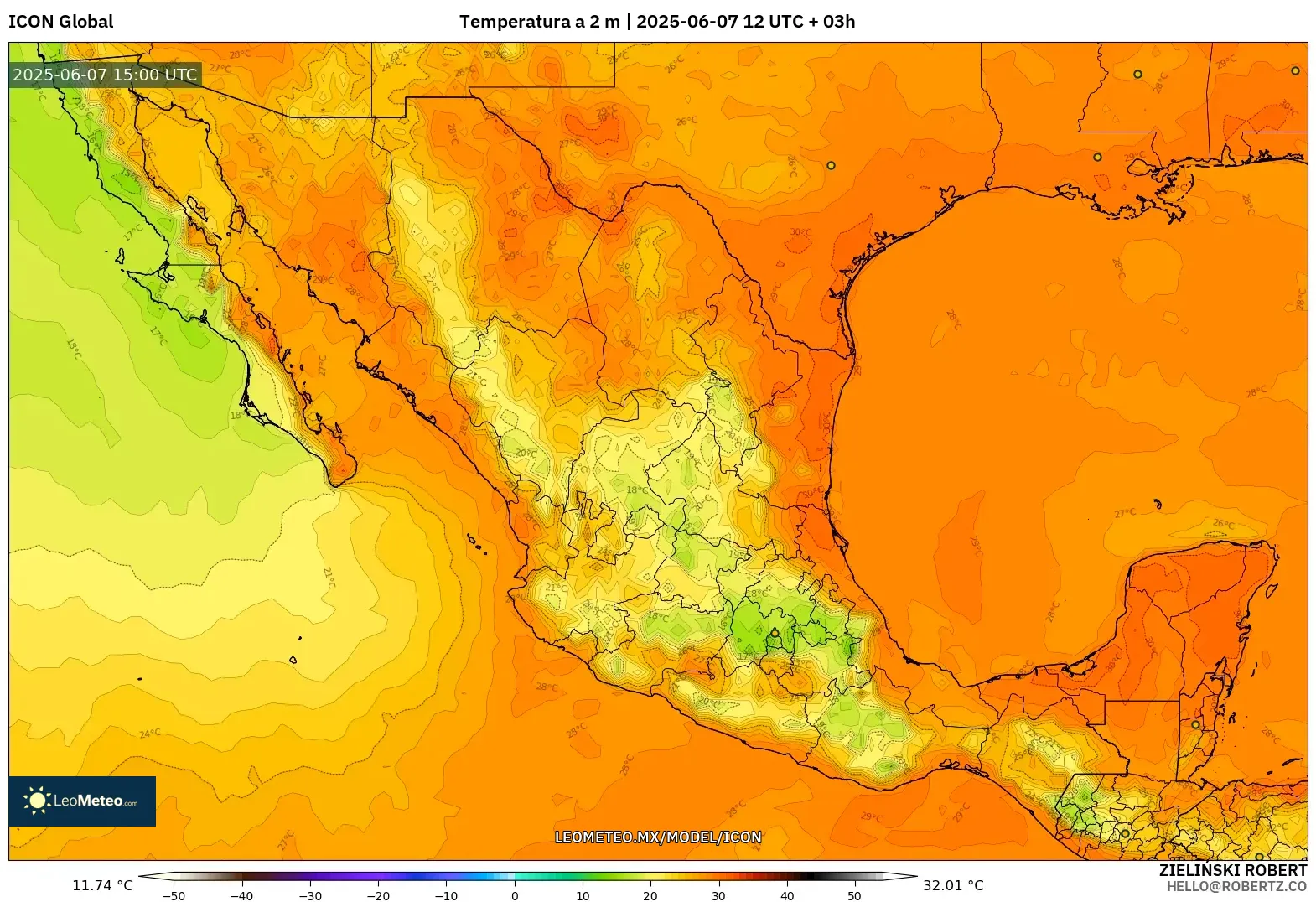 ICON model - México, Temperatura a 2 m ICON model - México, Temperatura a 2 m