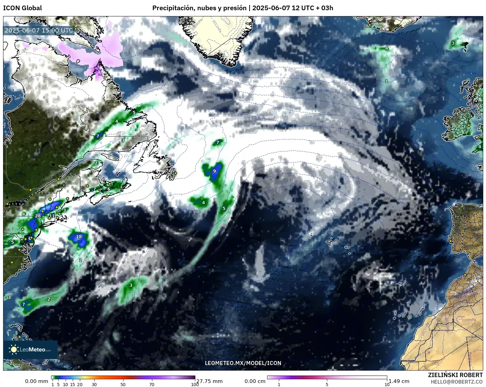 ICON model - Norte Atlántico, Precipitación, nubes y presión