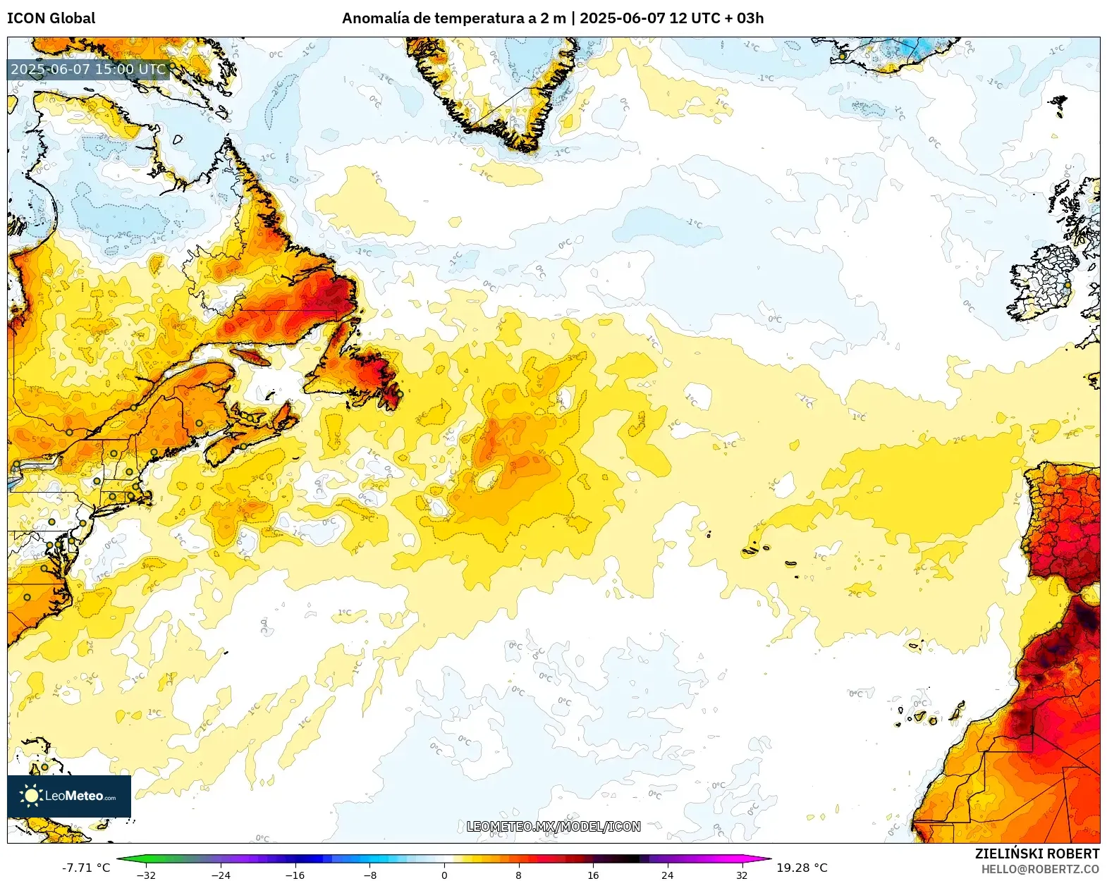 ICON model - Norte Atlántico, Anomalía de temperatura a 2 m