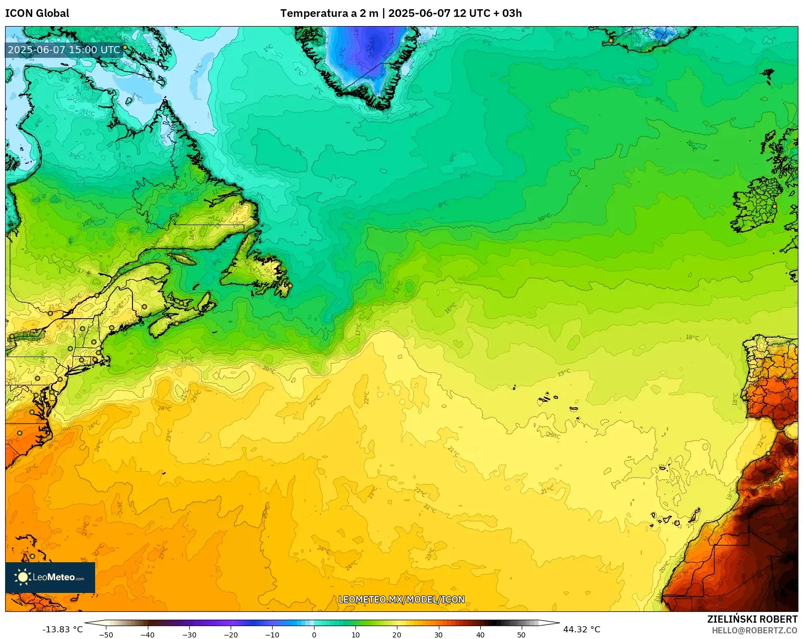 ICON model - Norte Atlántico, Temperatura a 2 m ICON model - Norte Atlántico, Temperatura a 2 m