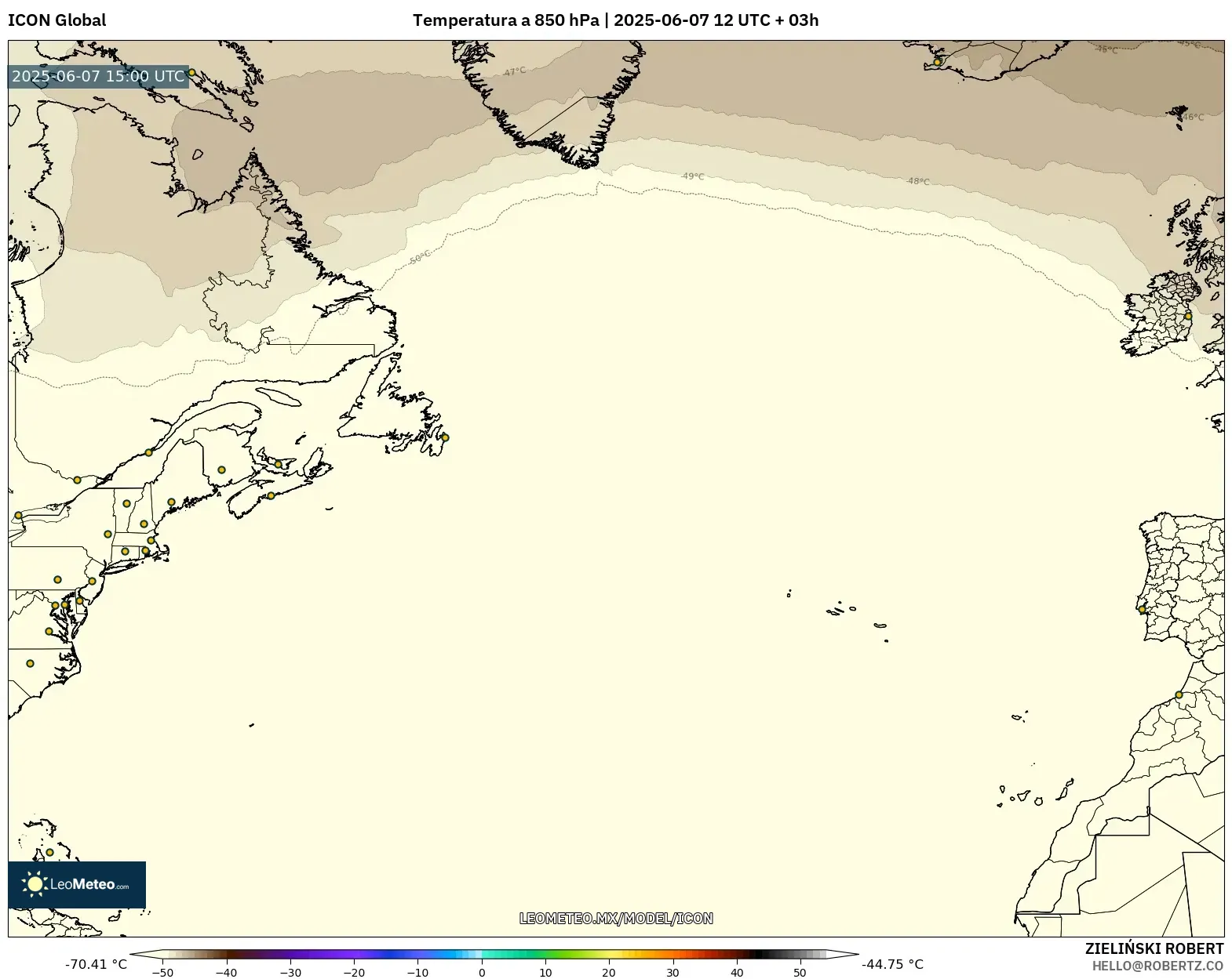 ICON model - Norte Atlántico, Temperatura a 850 hPa ICON model - Norte Atlántico, Temperatura a 850 hPa