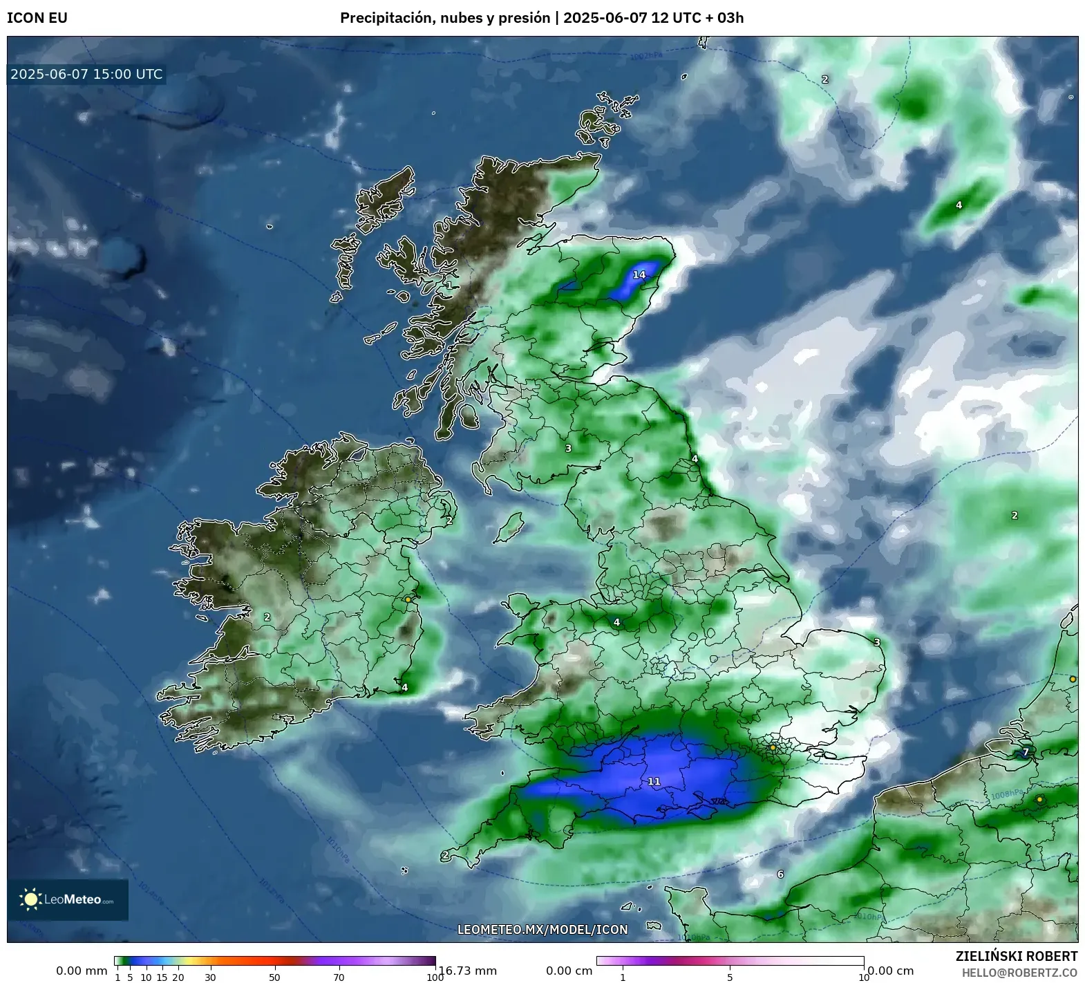 ICON model - Reino Unido, Precipitación, nubes y presión ICON model - Reino Unido, Precipitación, nubes y presión