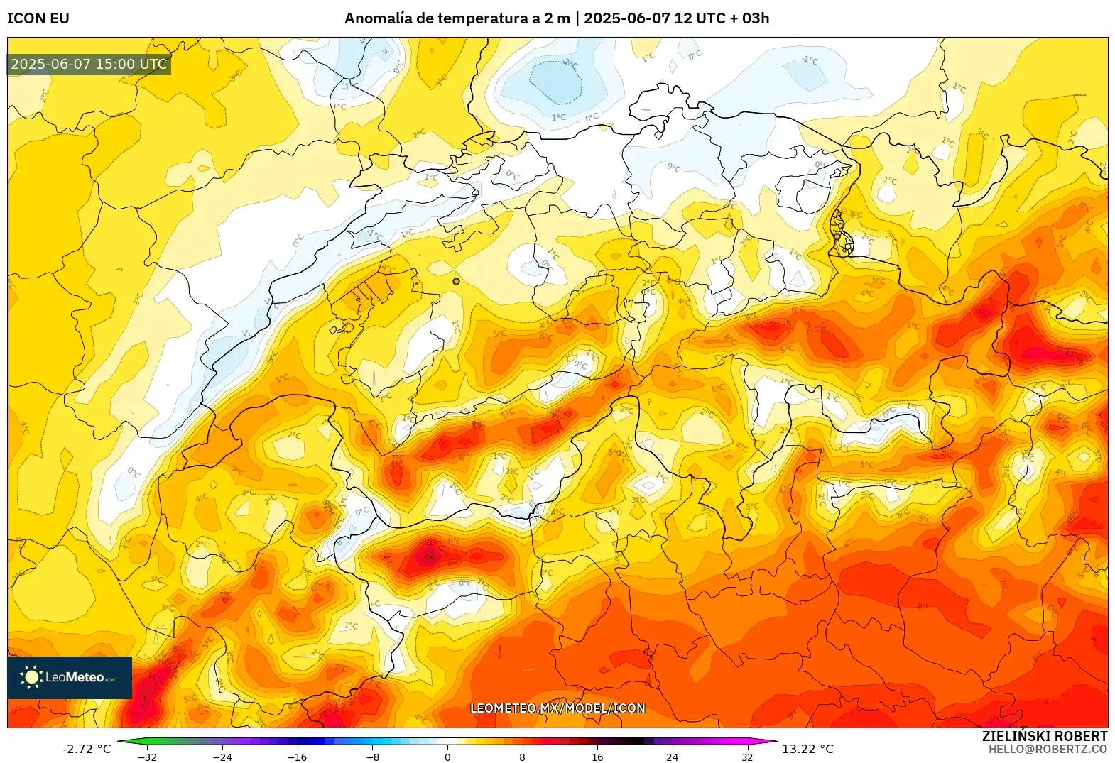 ICON model - Suiza, Anomalía de temperatura a 2 m ICON model - Suiza, Anomalía de temperatura a 2 m