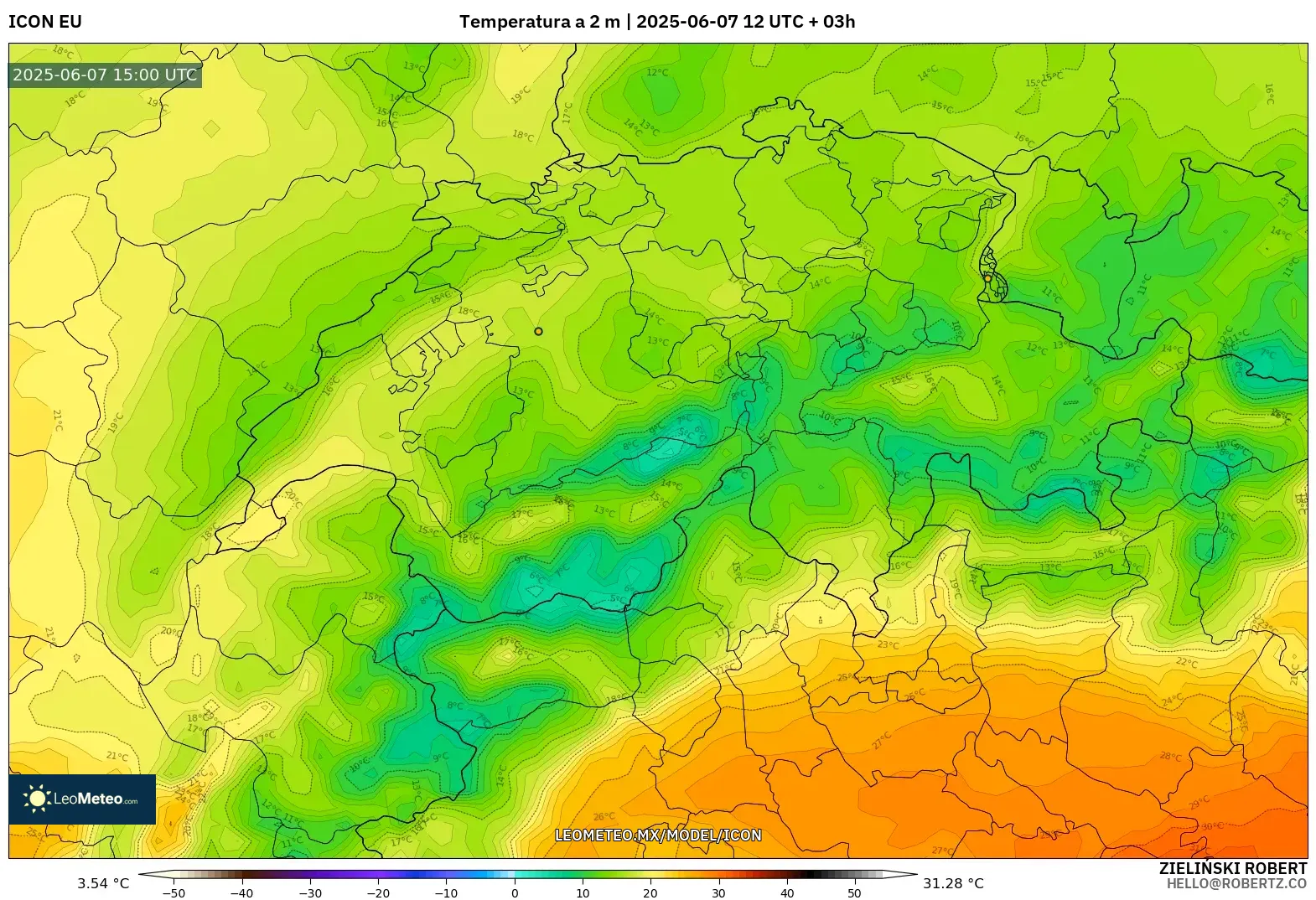 ICON model - Suiza, Temperatura a 2 m ICON model - Suiza, Temperatura a 2 m