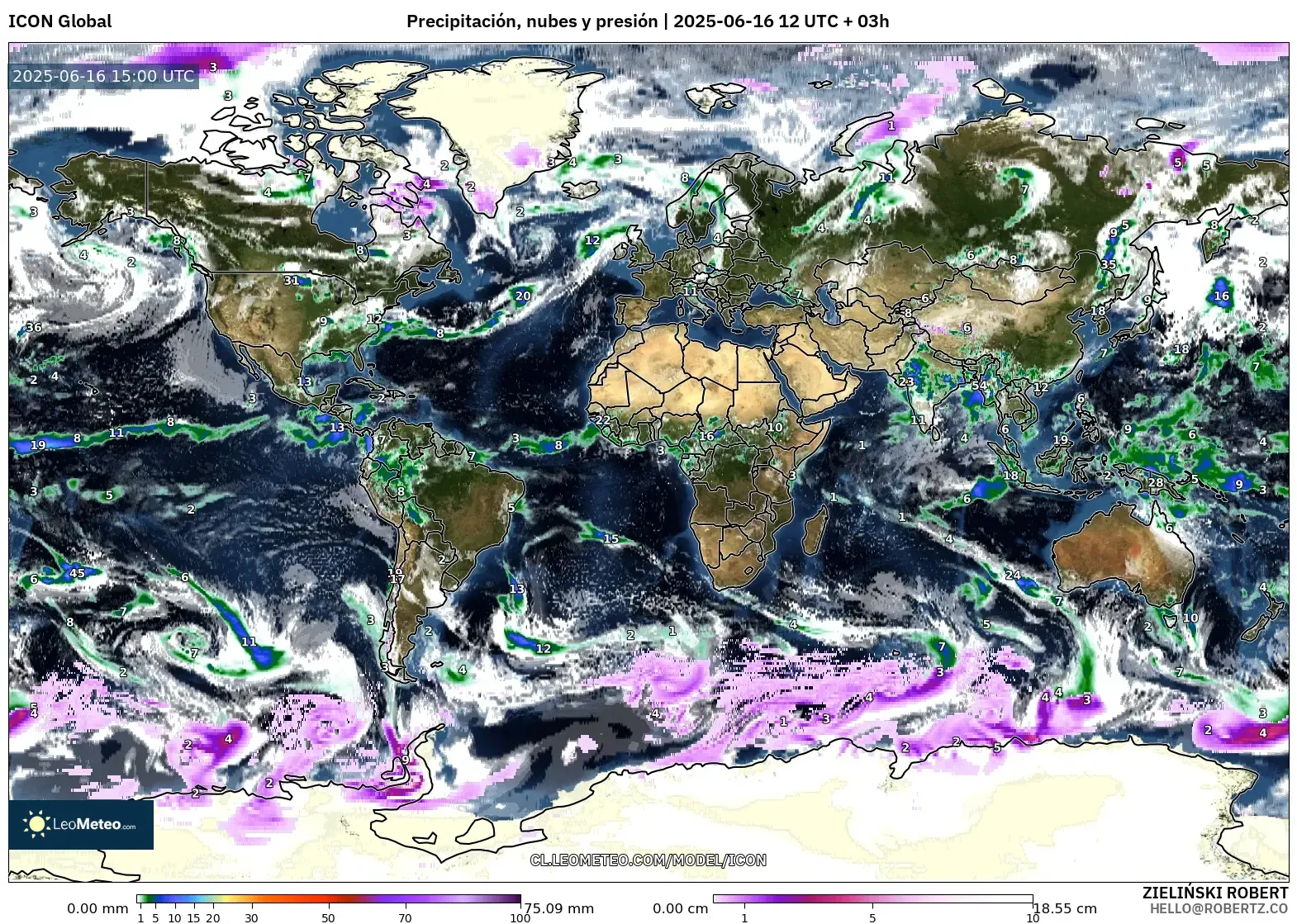 ICON model - Mundo, Precipitación, nubes y presión ICON model - Mundo, Precipitación, nubes y presión