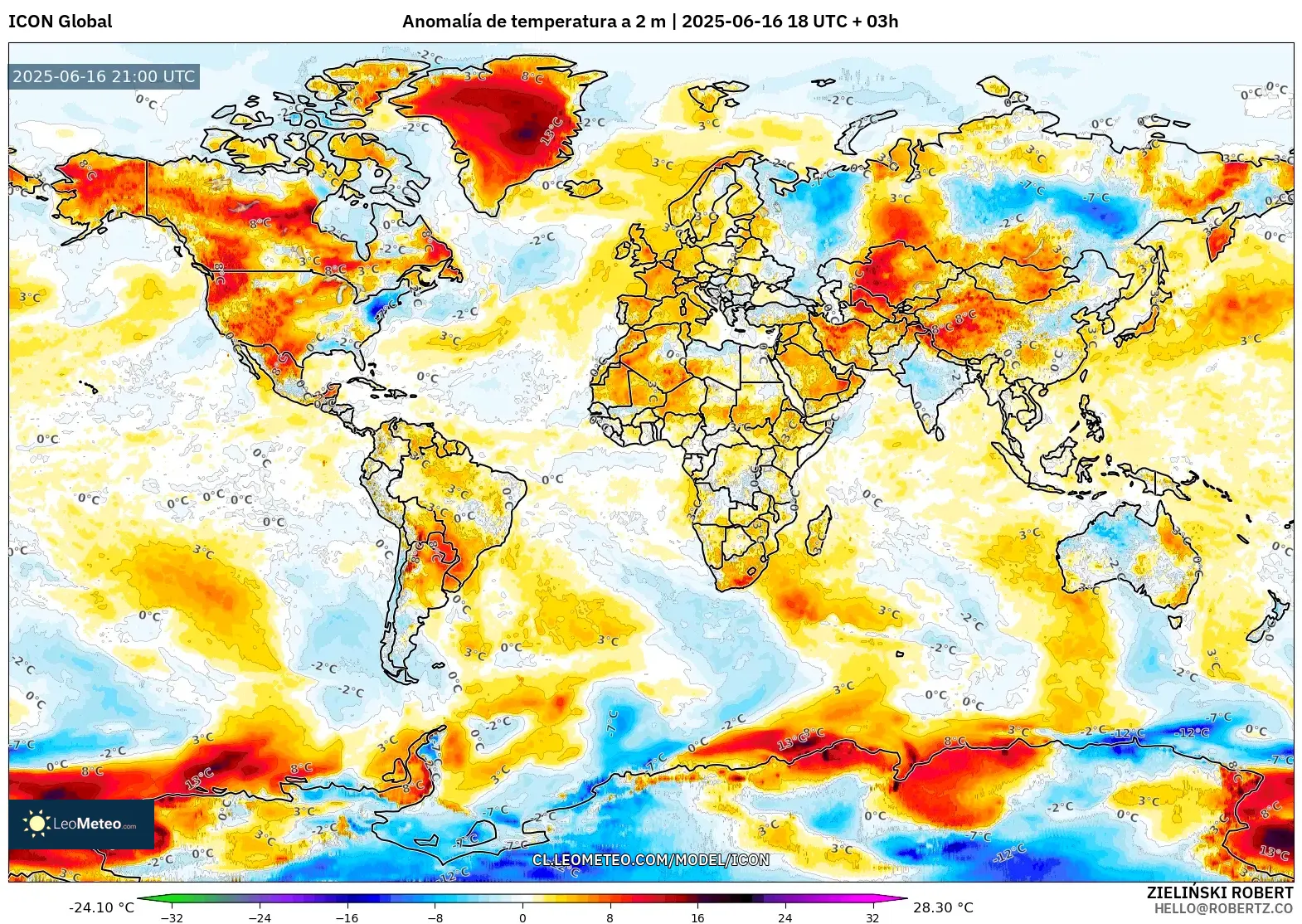 ICON model - Mundo, Anomalía de temperatura a 2 m ICON model - Mundo, Anomalía de temperatura a 2 m