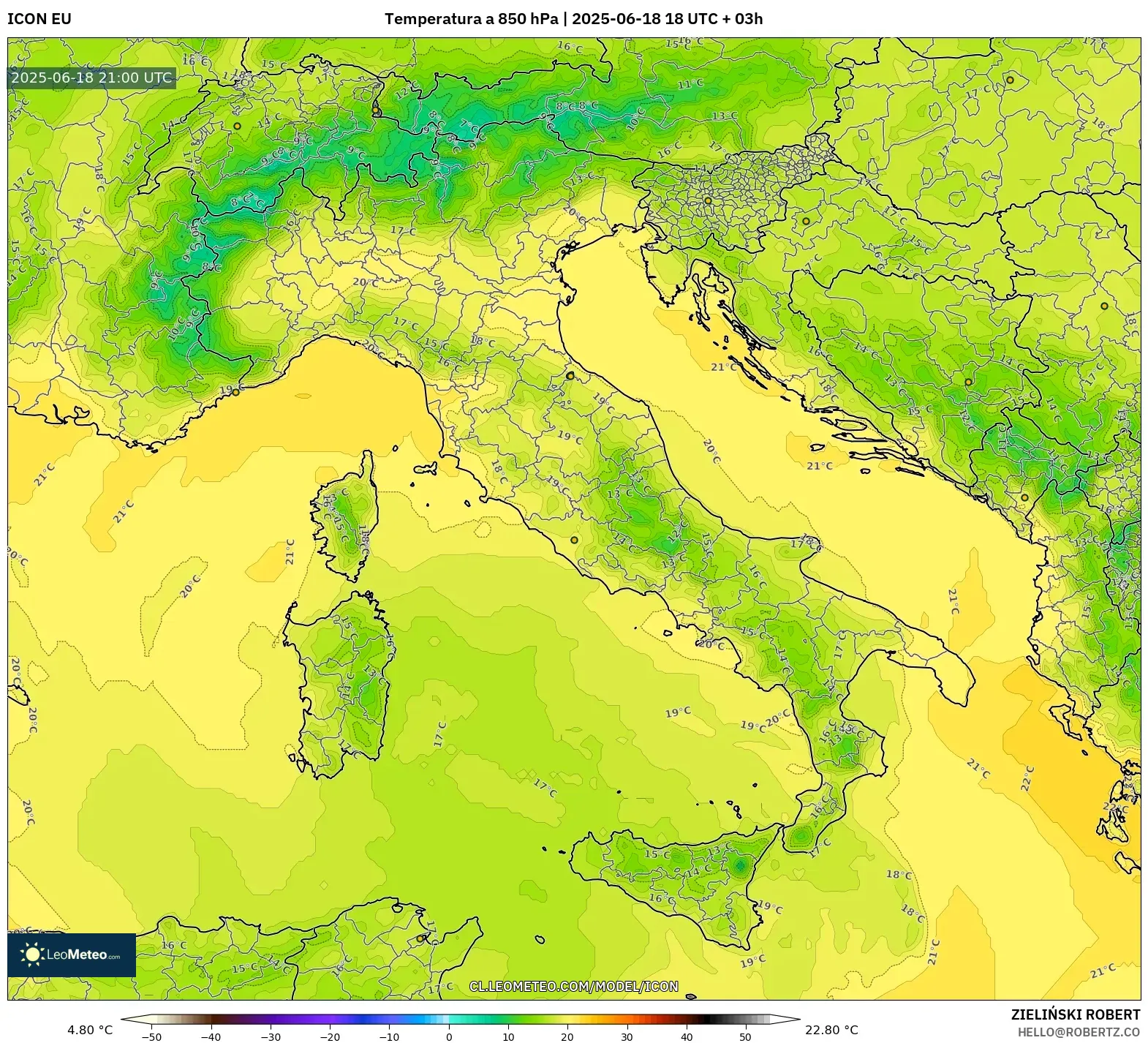 ICON model - Italia, Temperatura a 850 hPa ICON model - Italia, Temperatura a 850 hPa